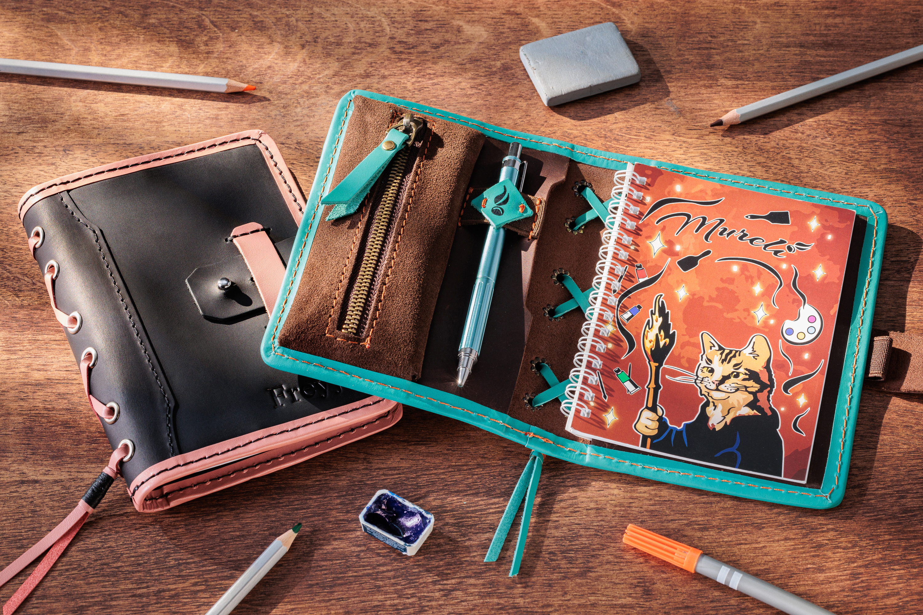 Green Personalized Leather Mini Sketchbook Set — A6 Landscape — Mini Pocket-Size