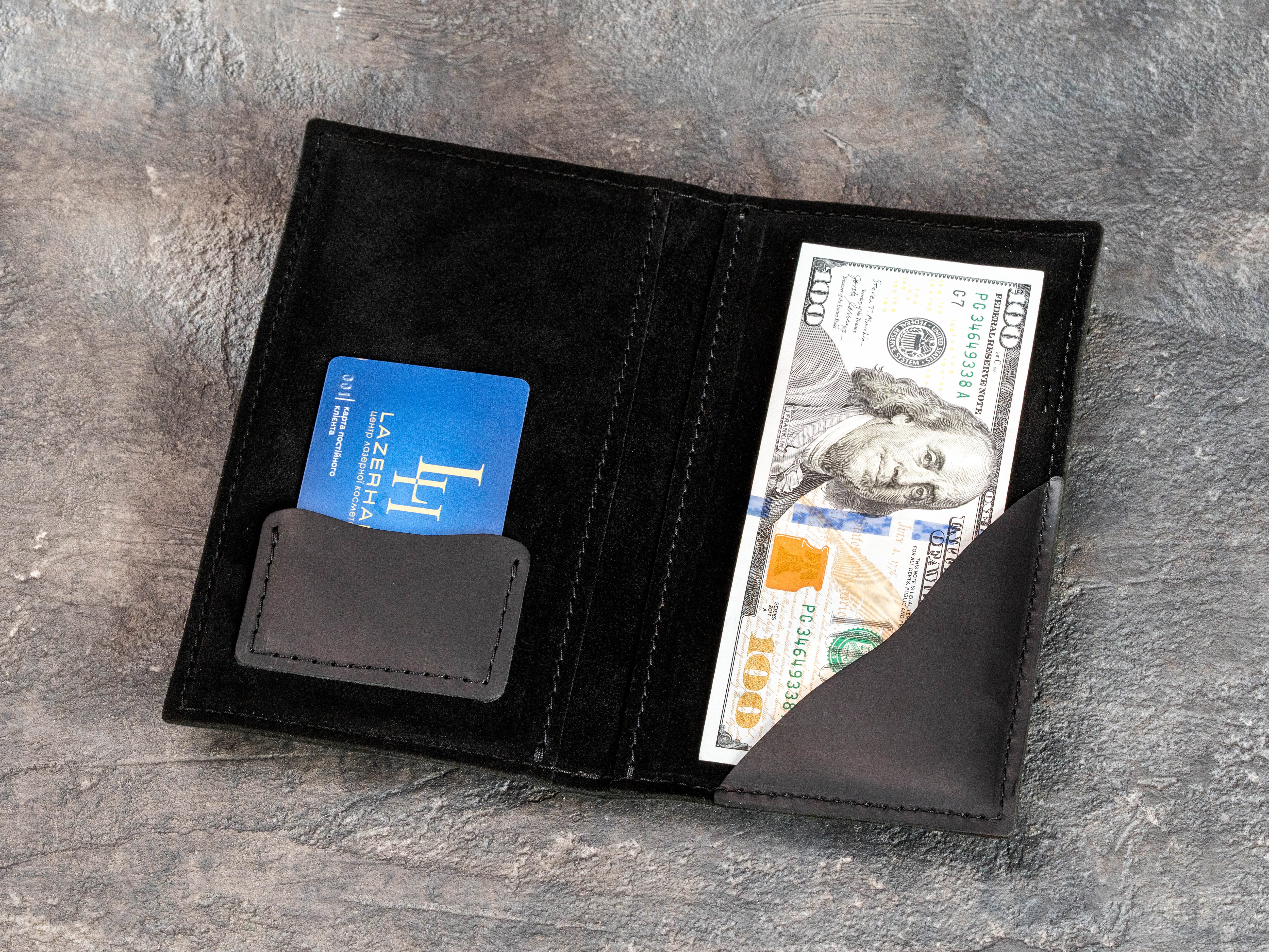 Black leather Design No. 1 check presenter with card pocket, cash and receipt compartment