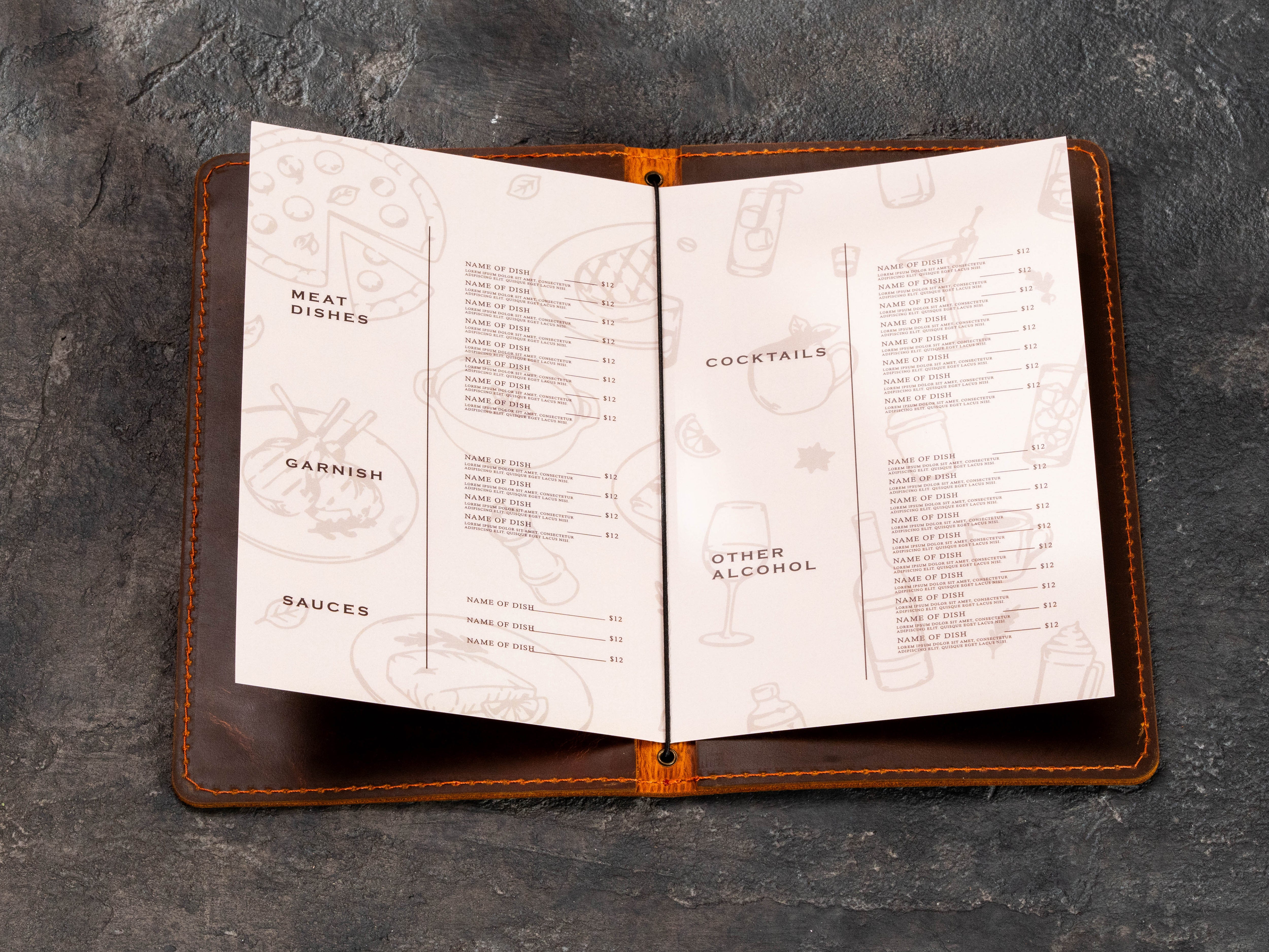 Large personalized leather menu cover with removable paper menu secured by black elastic cord