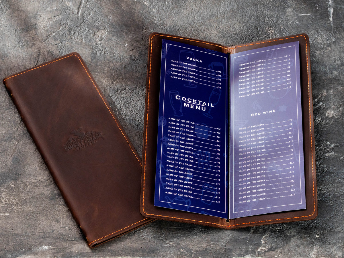 Brown leather elastic cord menu cover with removable cocktail menu inserts and custom tavern logo