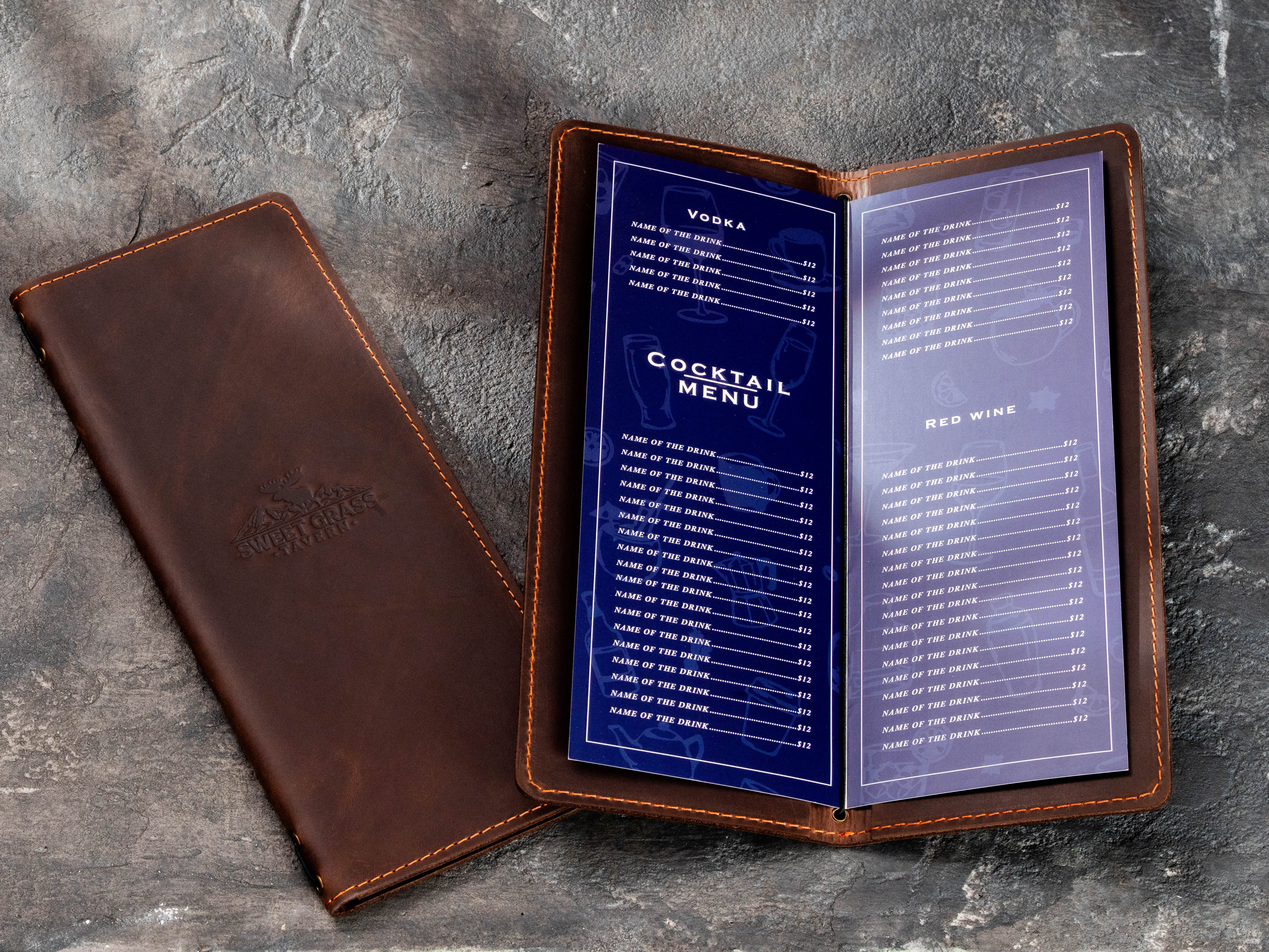 Custom Brown Crazy Horse Leather Menu Covers for Taverns, Lodges & Rustic Restaurants | Mureli