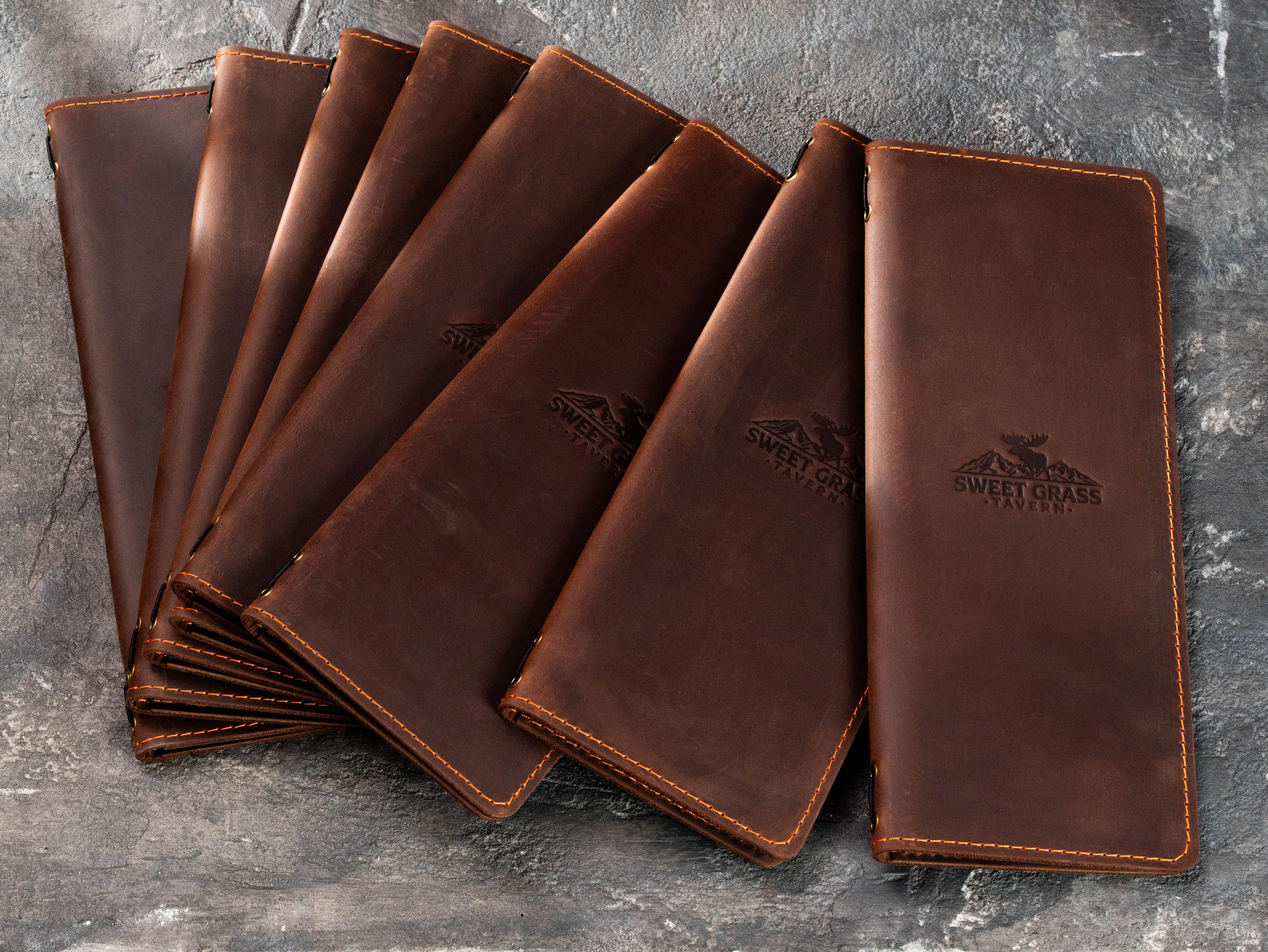 Custom Brown Crazy Horse Leather Menu Covers for Taverns, Lodges & Rustic Restaurants | Mureli