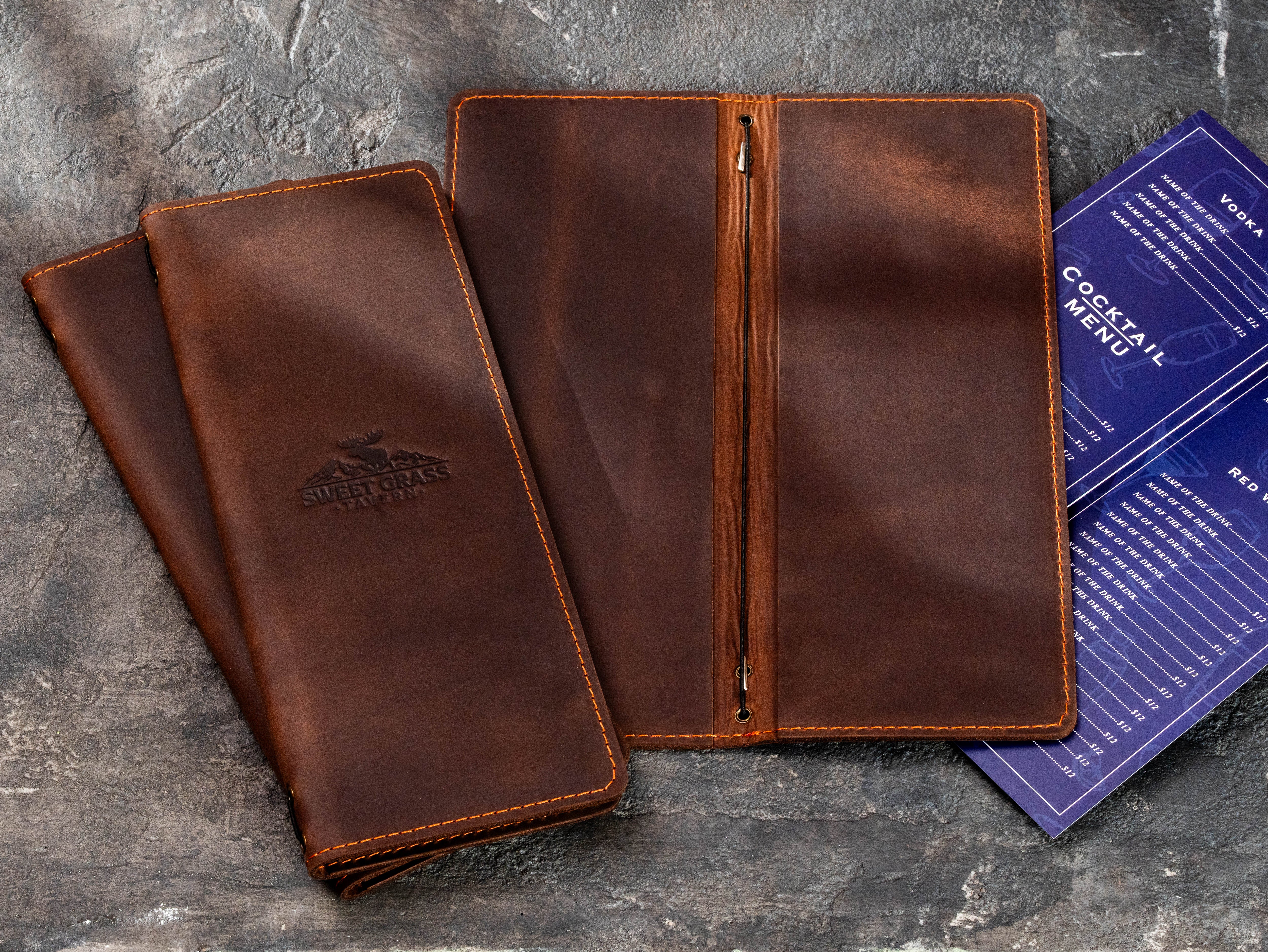 Custom Brown Crazy Horse Leather Menu Covers for Taverns, Lodges & Rustic Restaurants | Mureli