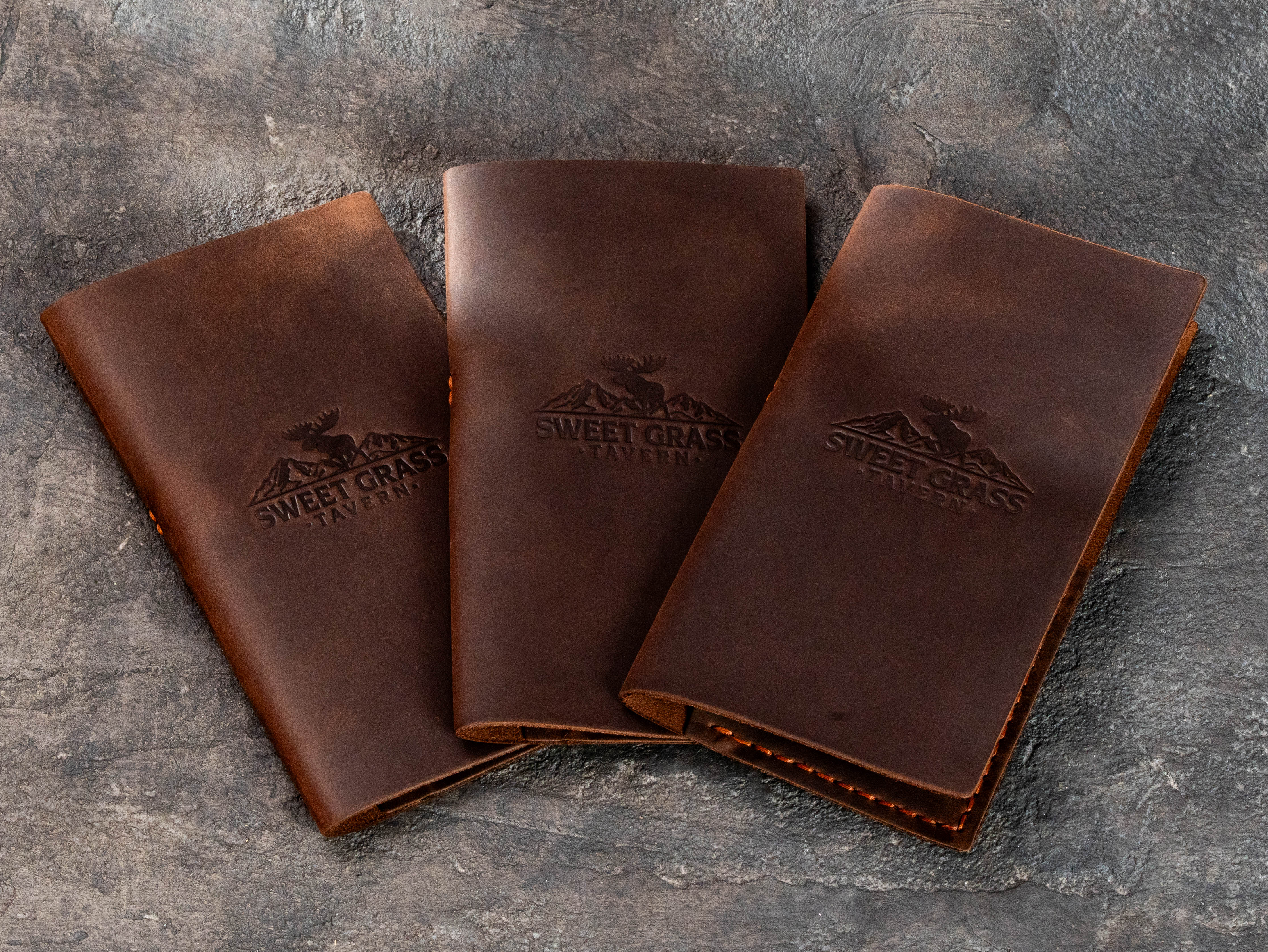 Custom Brown Leather Check Presenters for Taverns, Lodges & Rustic Restaurants | Mureli