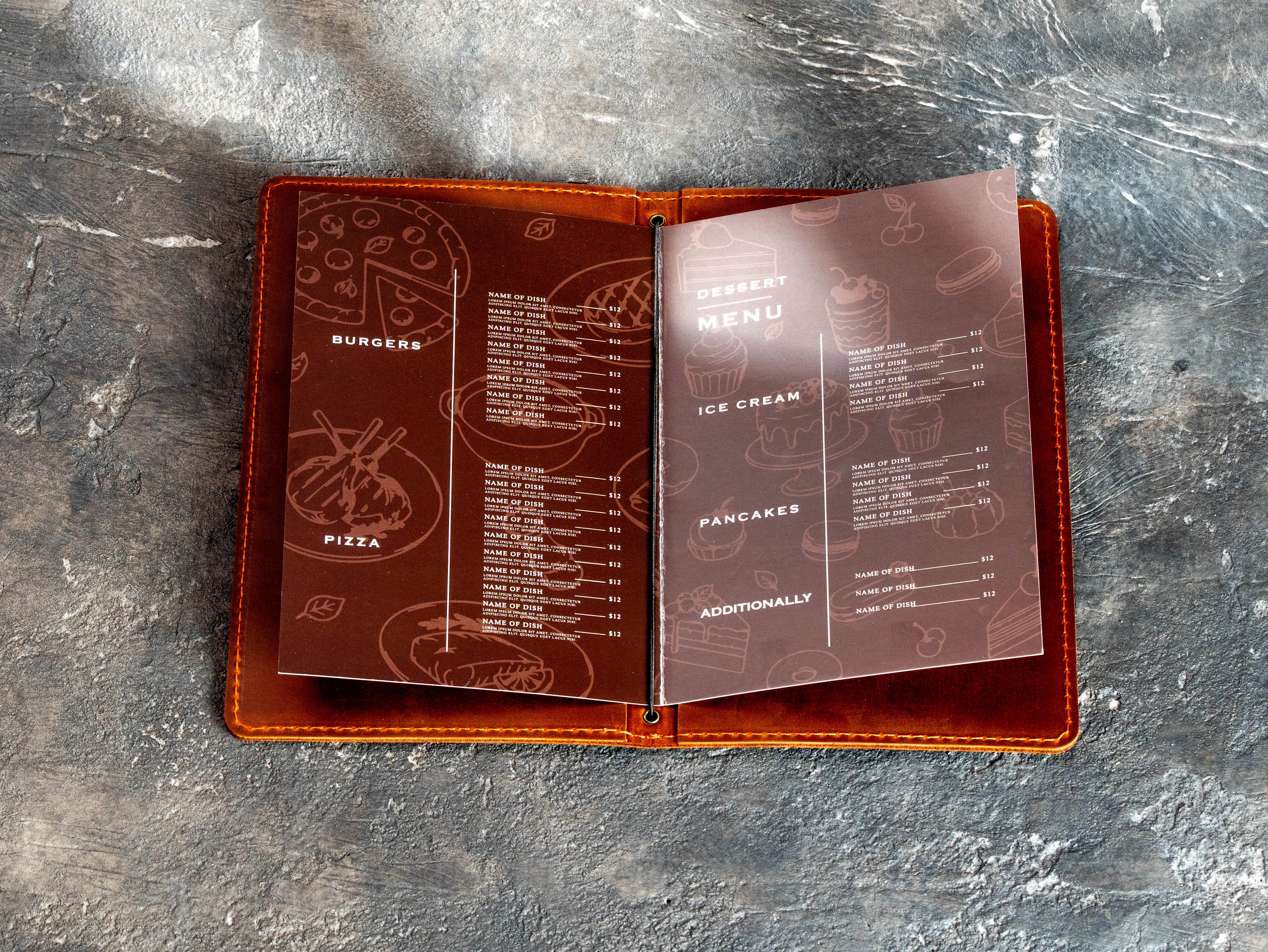 Open double-layer chestnut leather menu cover with elastic cord binding