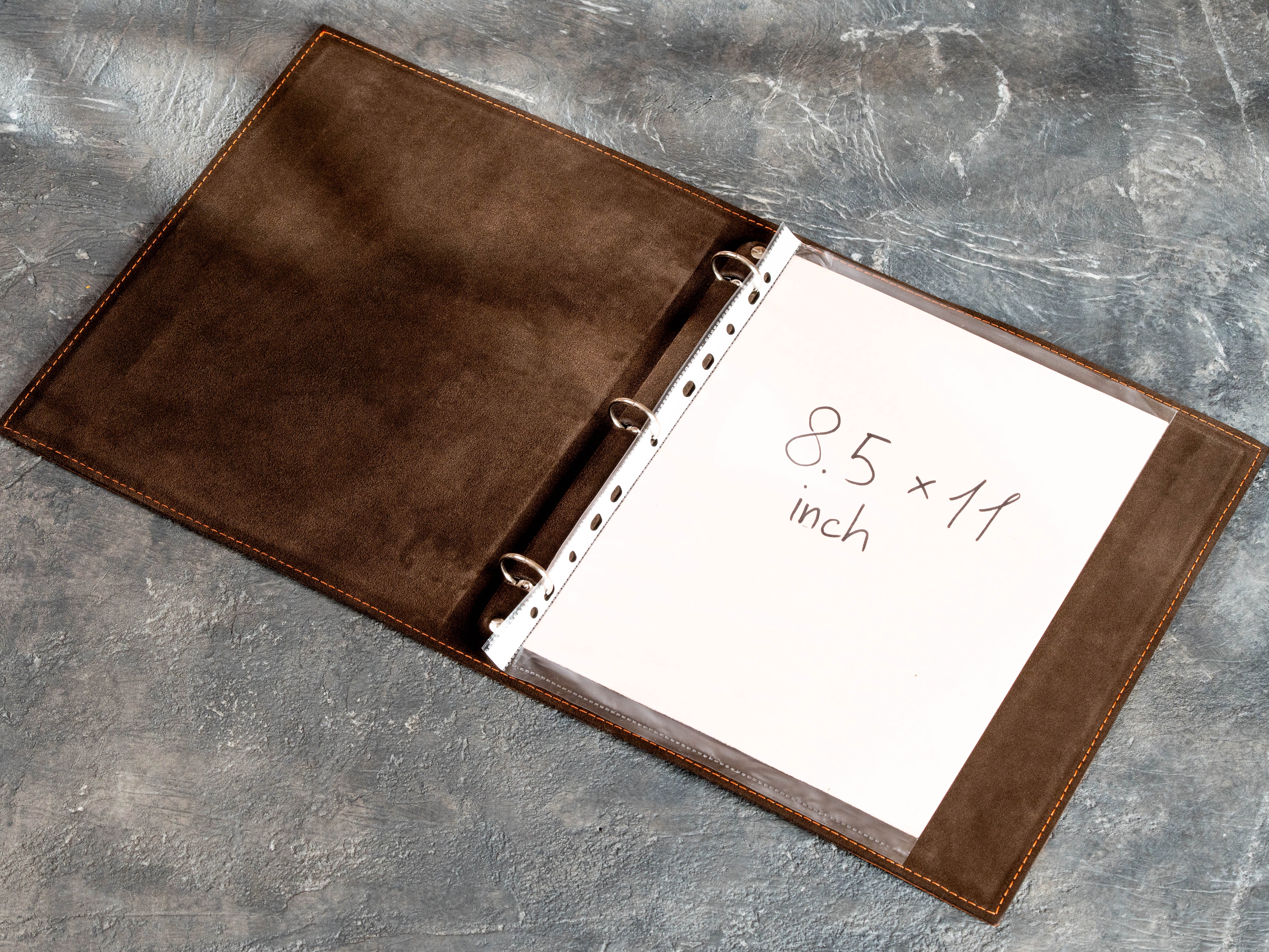 Open copper leather binder for A4 and Letter Size documents with 1-inch round rings and suede interior