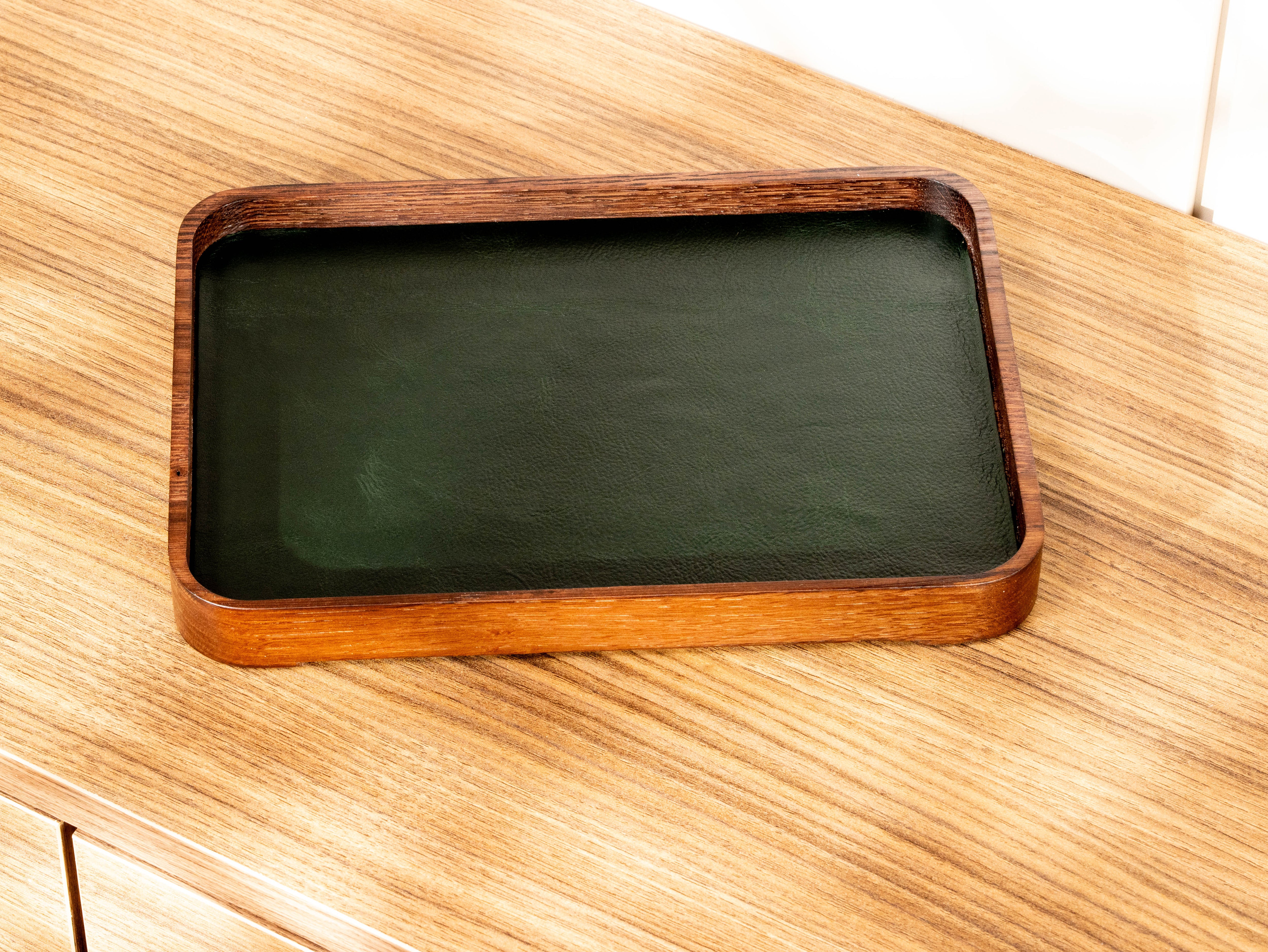 Dark oak wood valet tray with forest green top-grain leather insert, empty catchall organizer