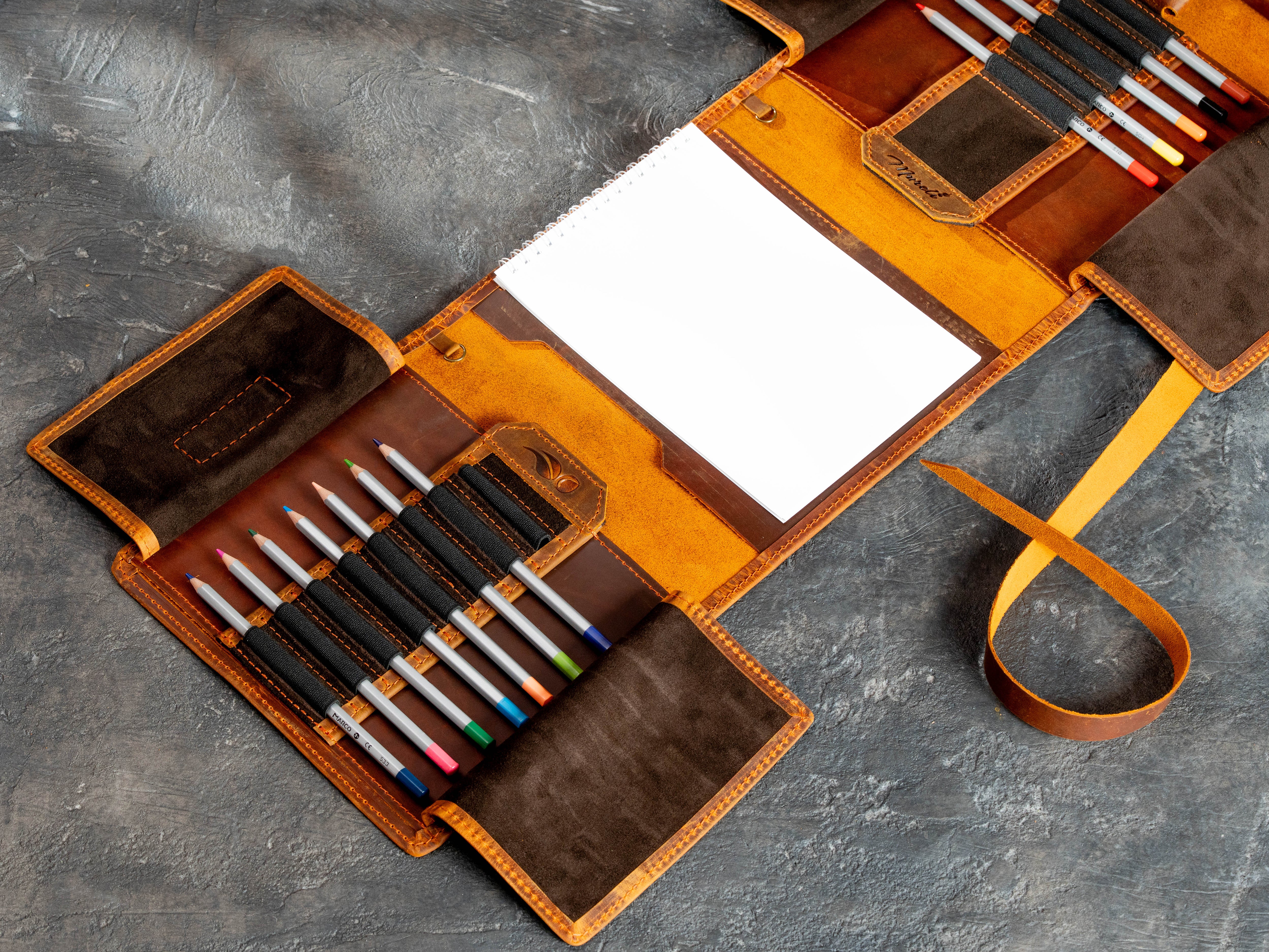 Personalized leather artist organizer with A5 sketchbook, colored pencil storage, and embossed Michael name tag