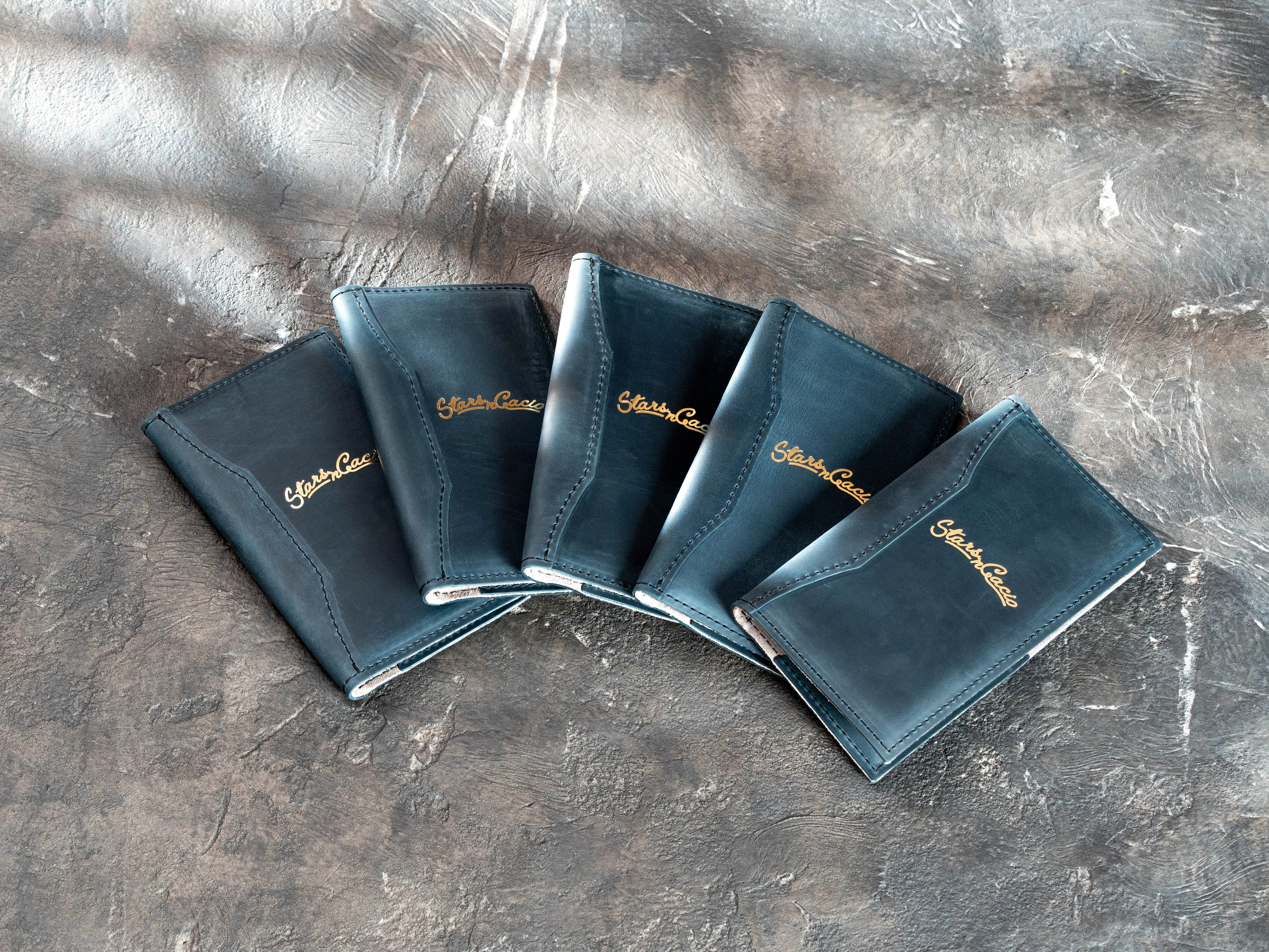 Set of custom blue Crazy Horse leather check presenters with gold foil Star in Cacio logos