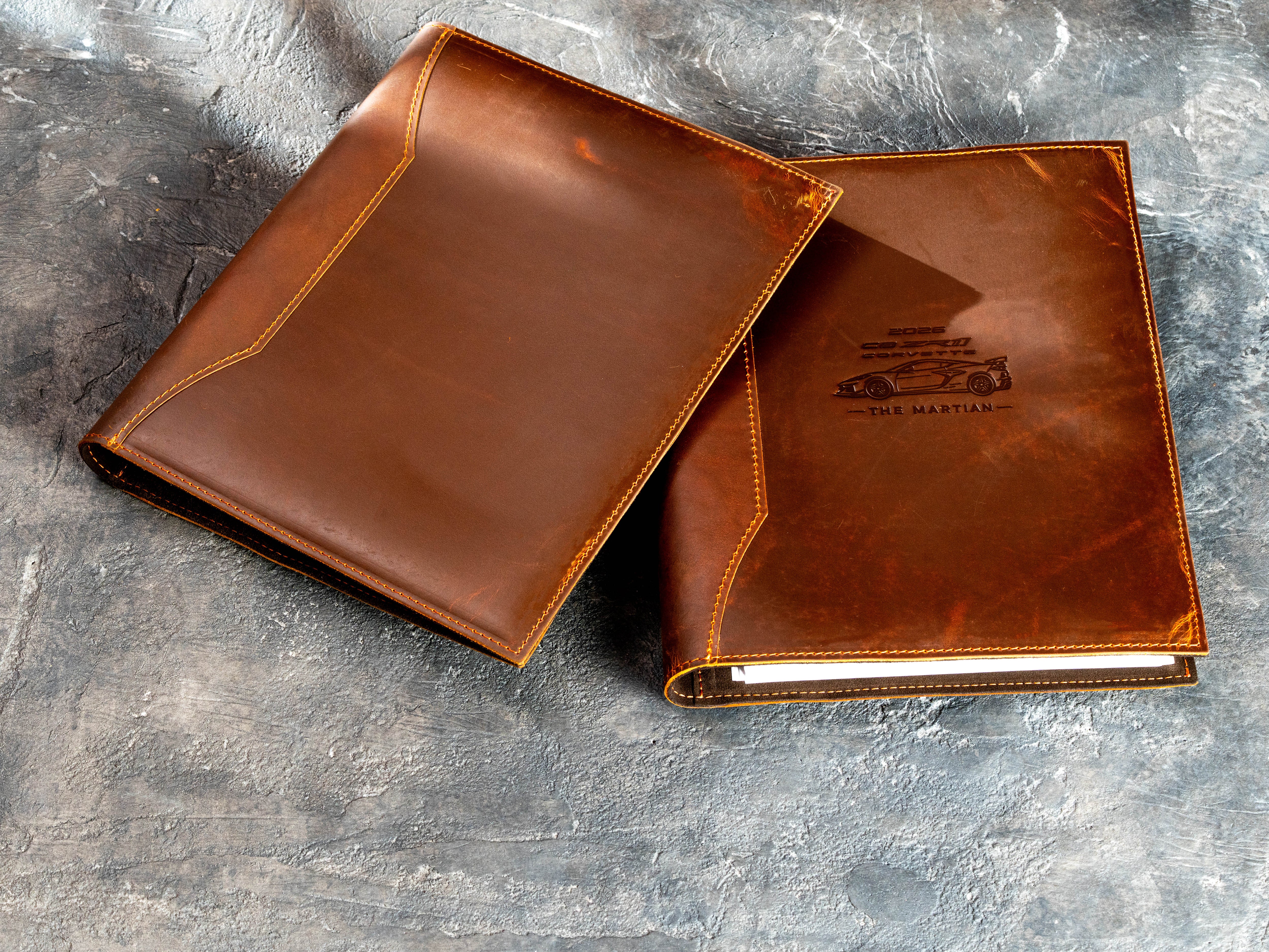 Custom Chestnut Crazy Horse leather automotive document binders made as a gift for a car collector
