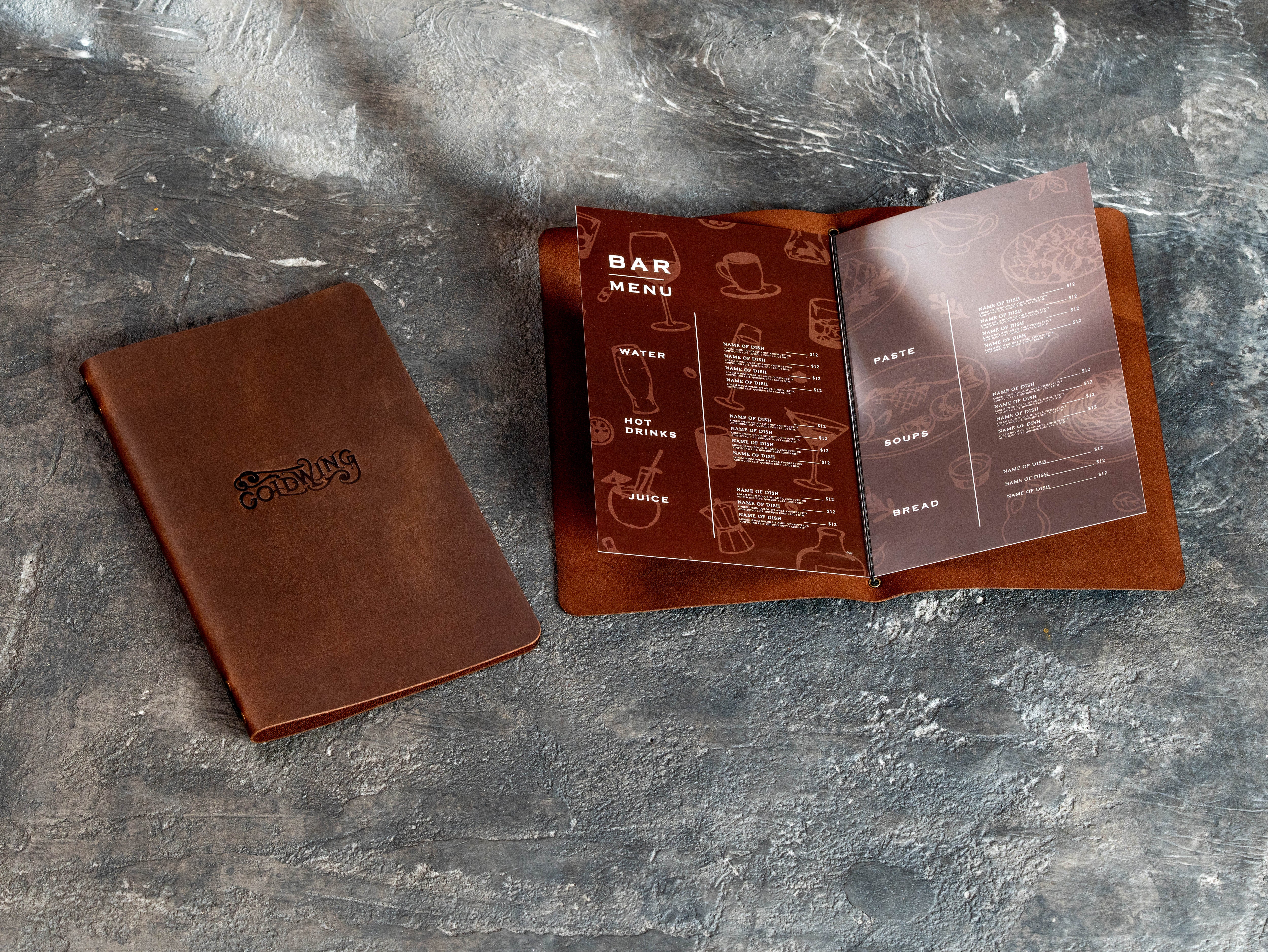 Closed and open brown Crazy Horse leather menu folders made as a custom order for Goldwing