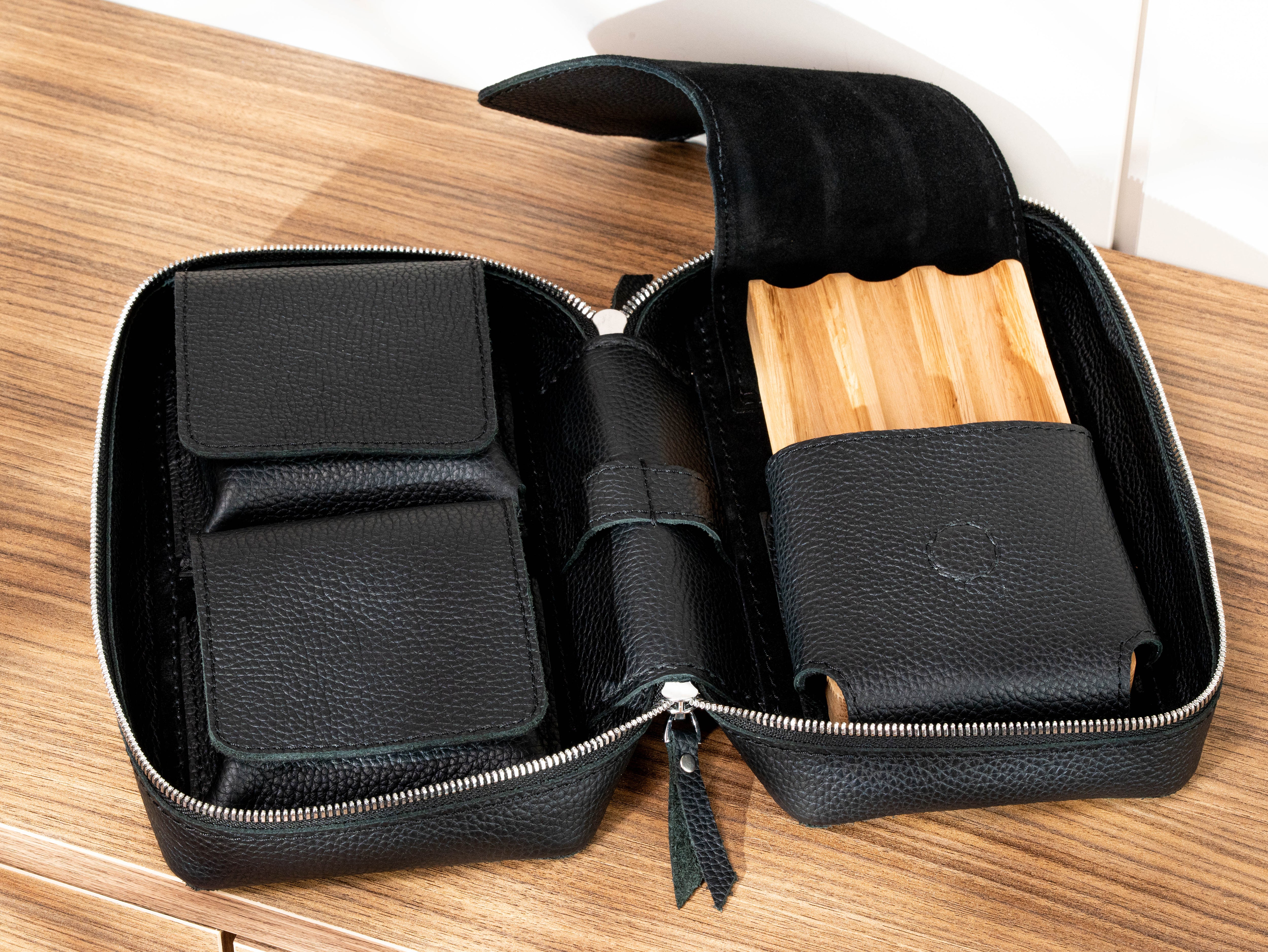 Black Floater leather cigar case with empty removable oak insert and organized interior compartments