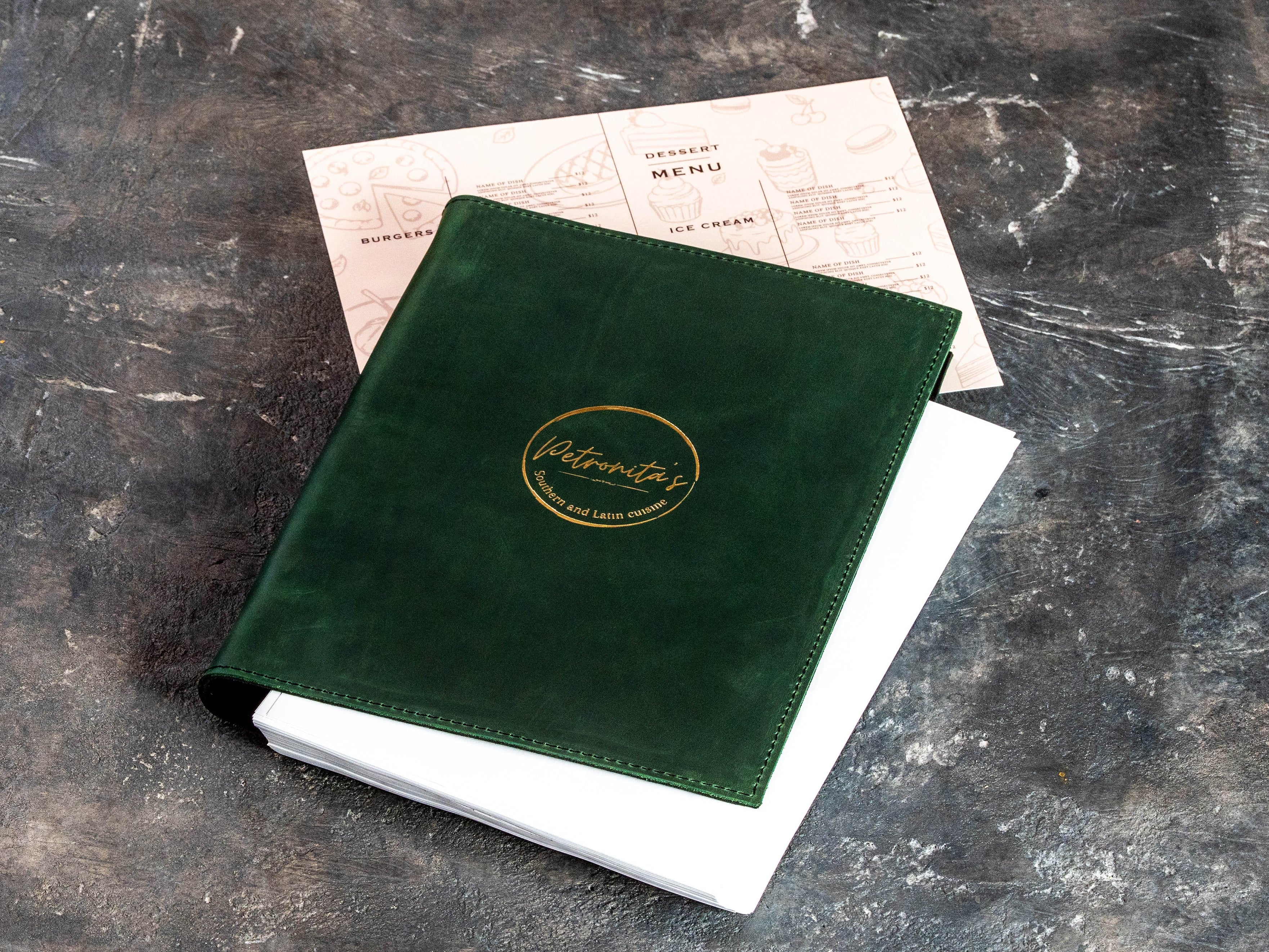 Custom Green Restaurant Menu Binder with Gold Foil Logo and Black Suede Interior | Mureli