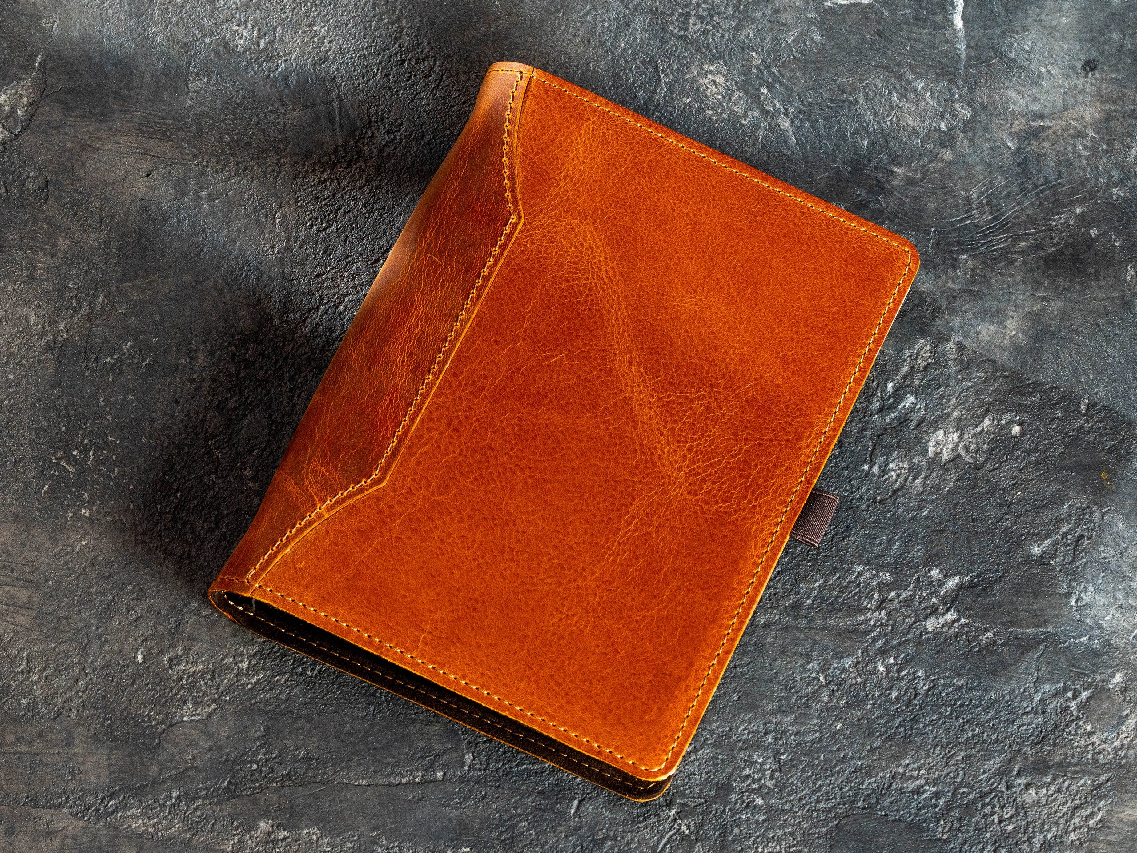 Camel Crazy Horse leather refillable notebook with contrasting Chestnut side panel and pen loop