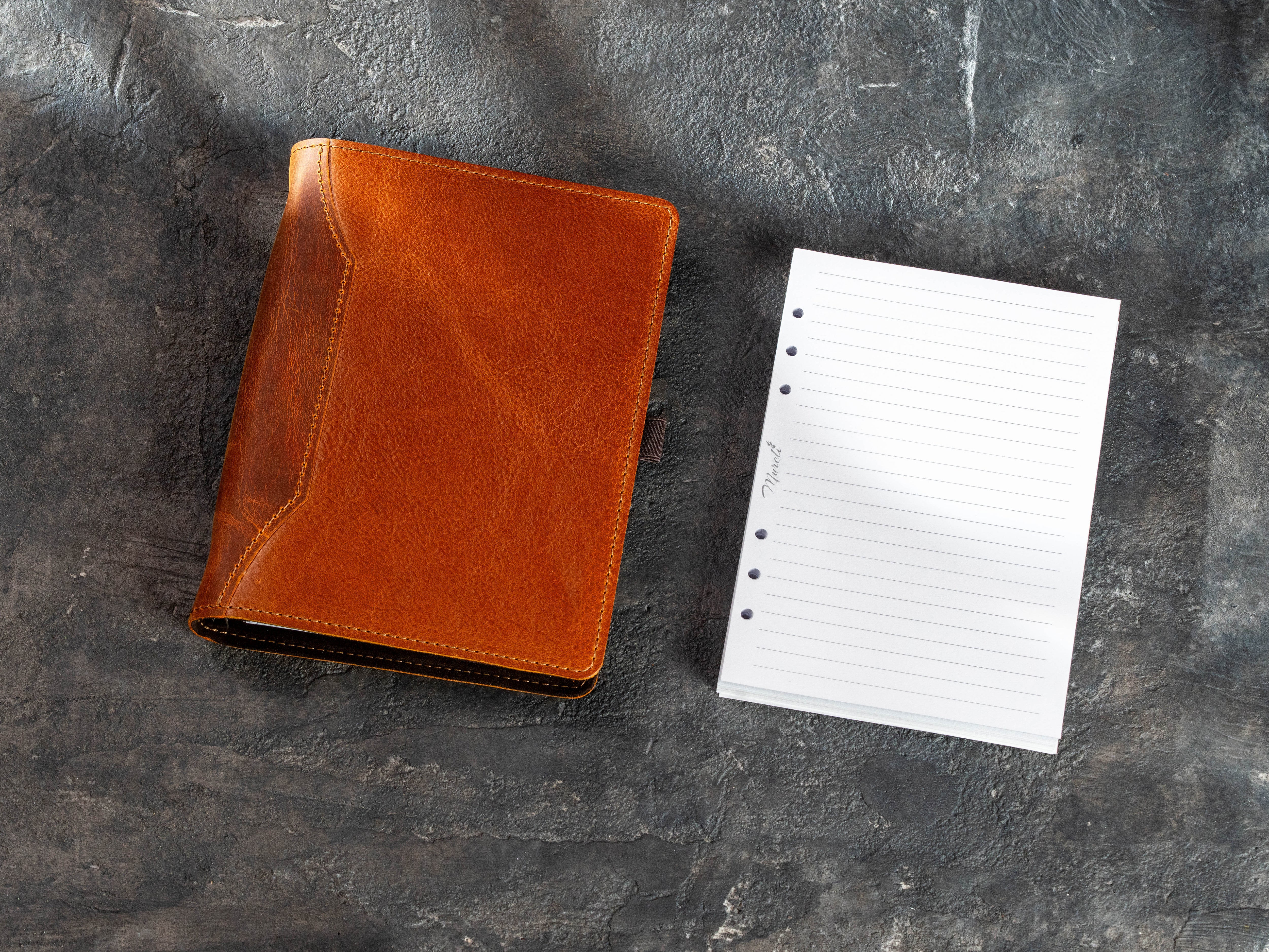 Two-tone Crazy Horse leather notebook with decorative asymmetrical front construction