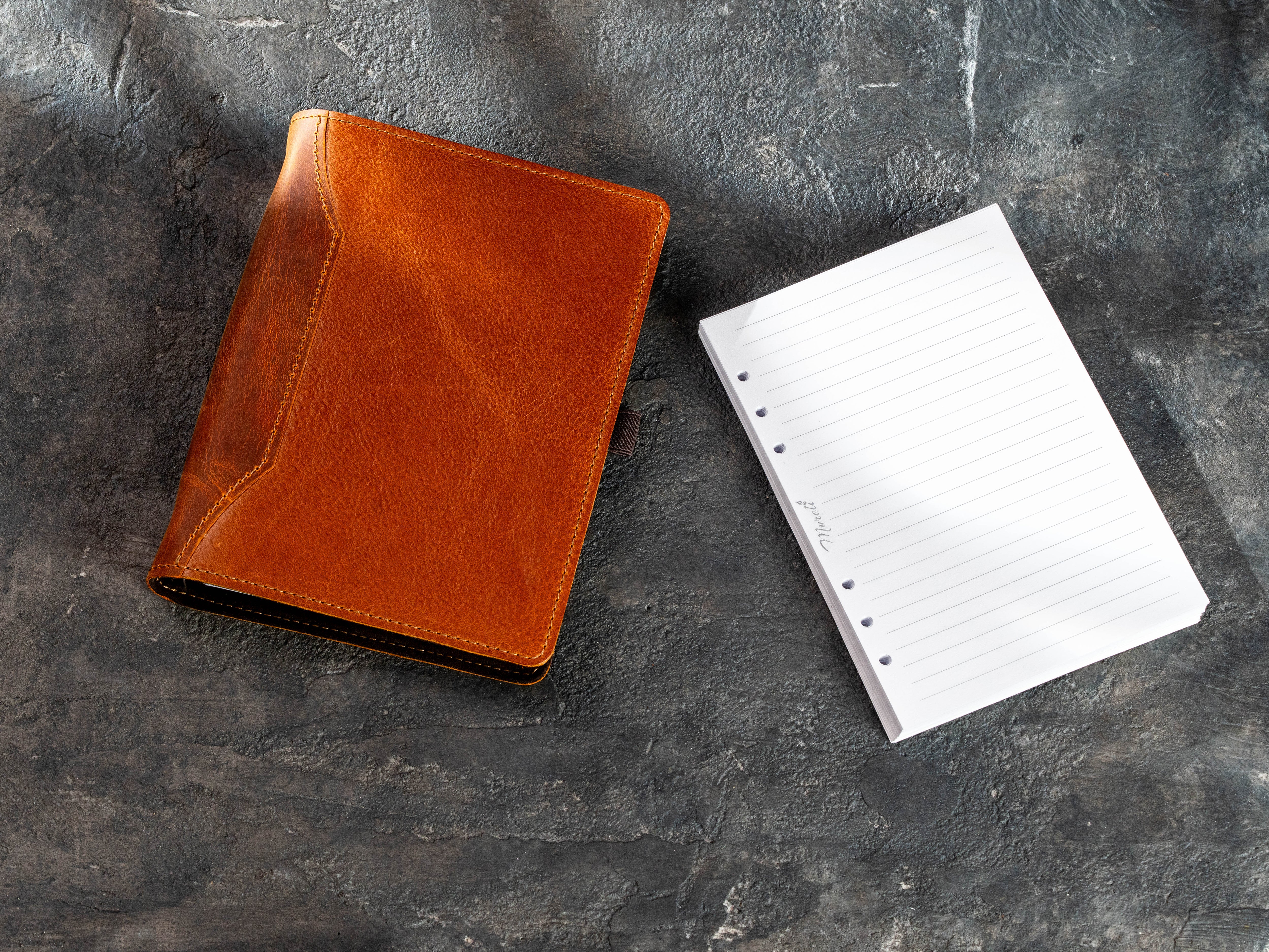 Two-tone Camel and Chestnut leather six-ring journal with decorative stitched cover
