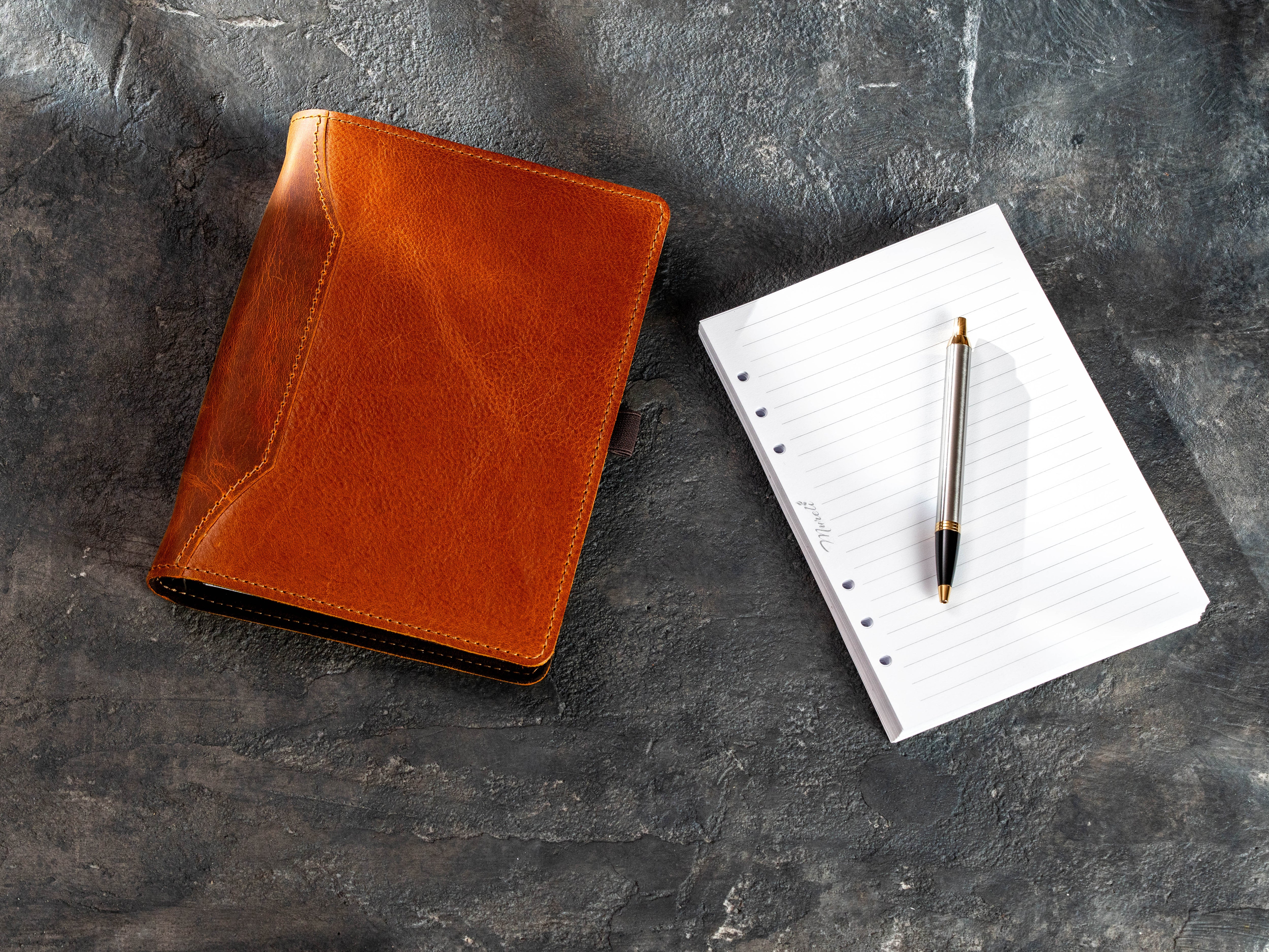 Camel leather six-ring notebook with Chestnut accent panel and replaceable writing paper