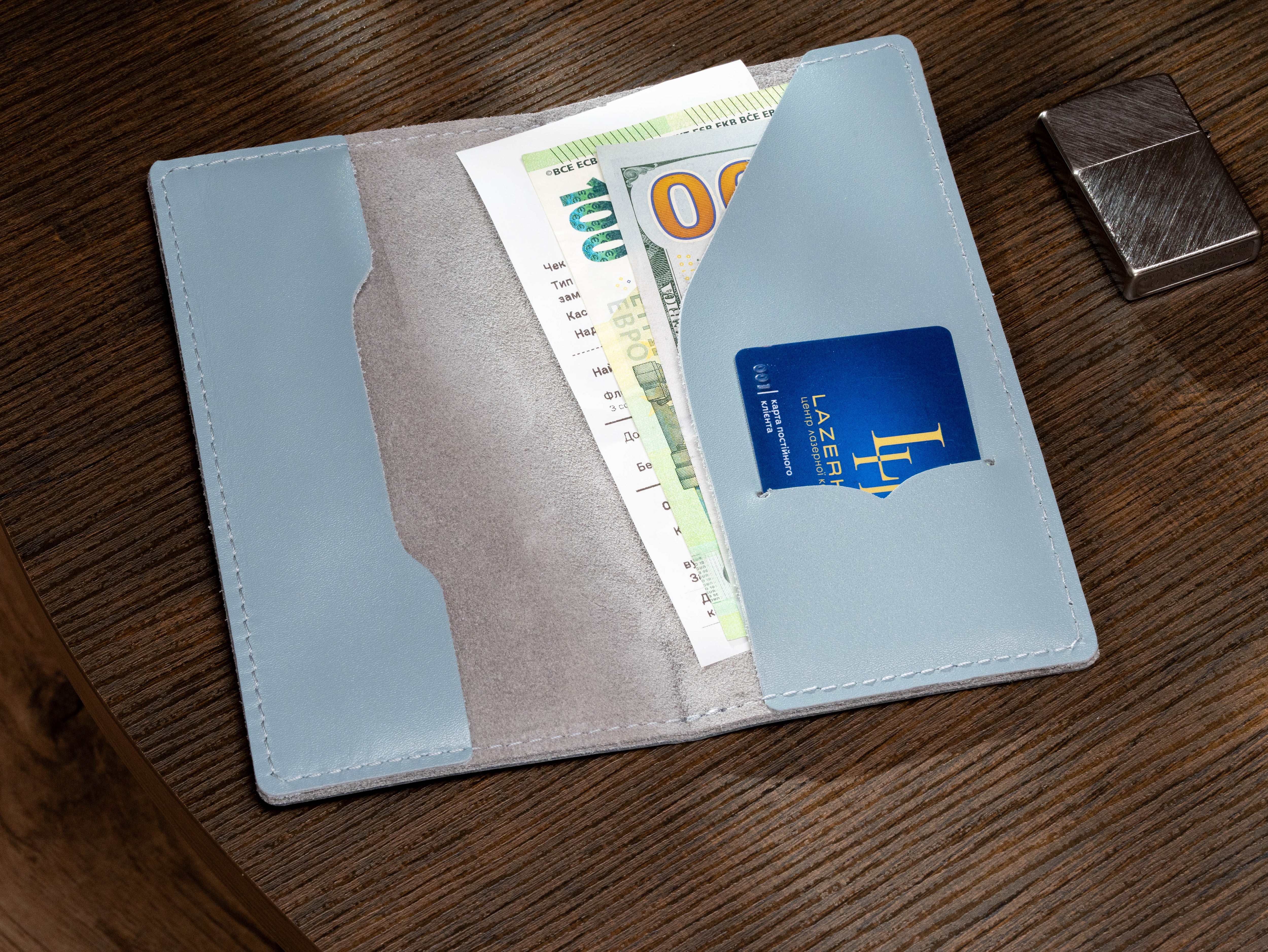 Ice blue leather receipt holder with cash, receipt and card pocket created for Valentina’s Portuguese Market