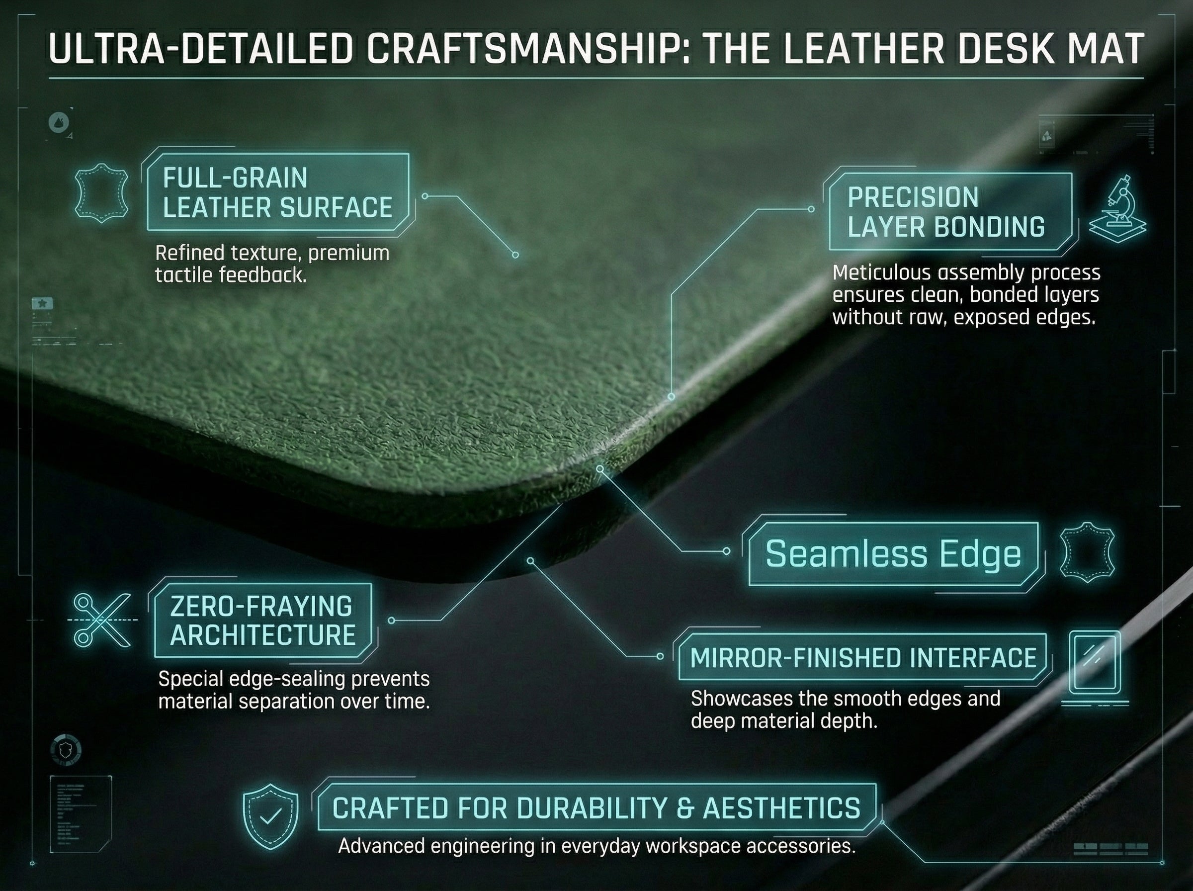 Leather desk mat with detailed features highlighted on a dark background