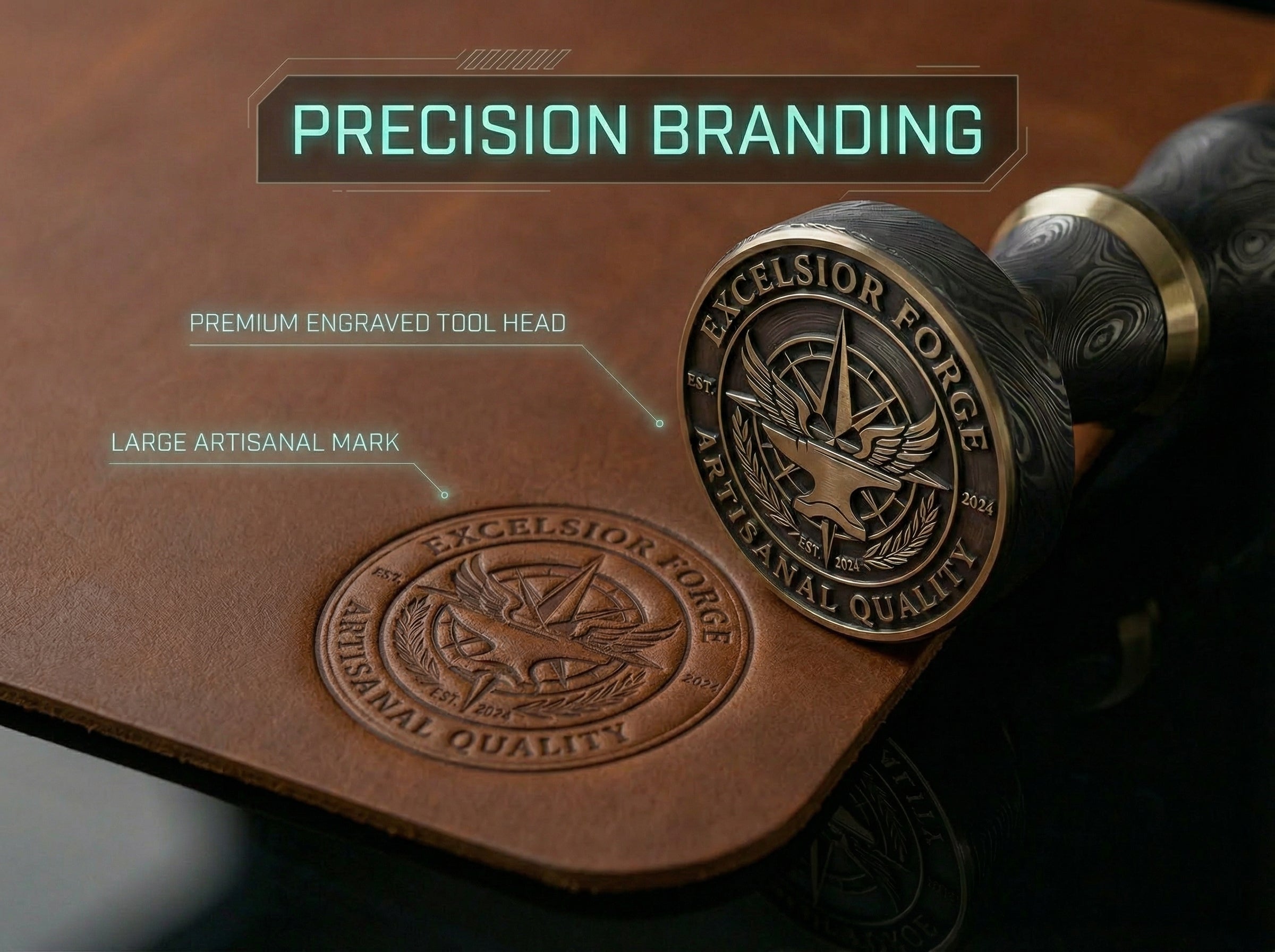 Tool head with engraved 'Excellior Force' mark on leather surface, highlighting precision branding.