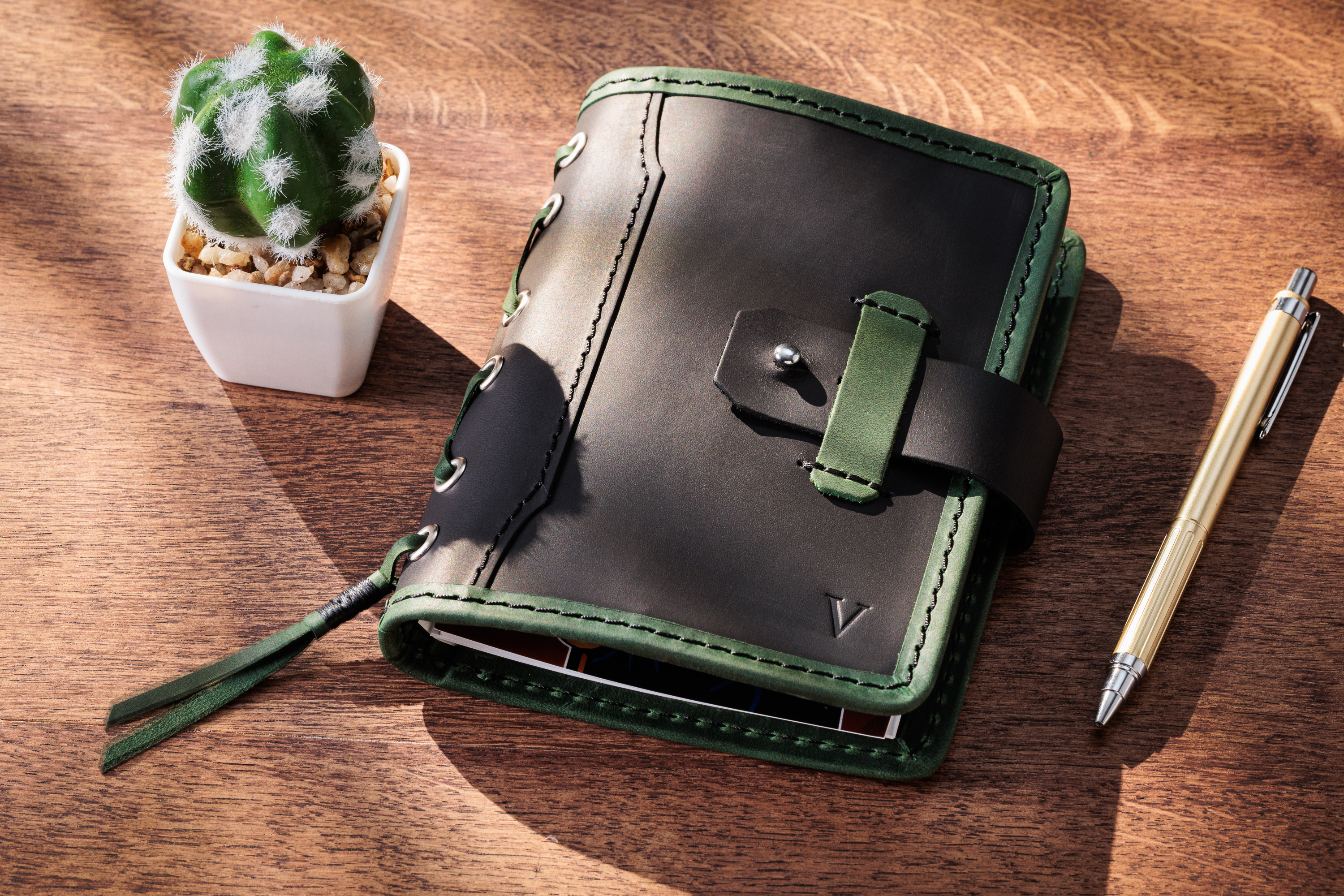 Green Personalized Leather Mini Sketchbook Set — A6 Landscape — Mini Pocket-Size
