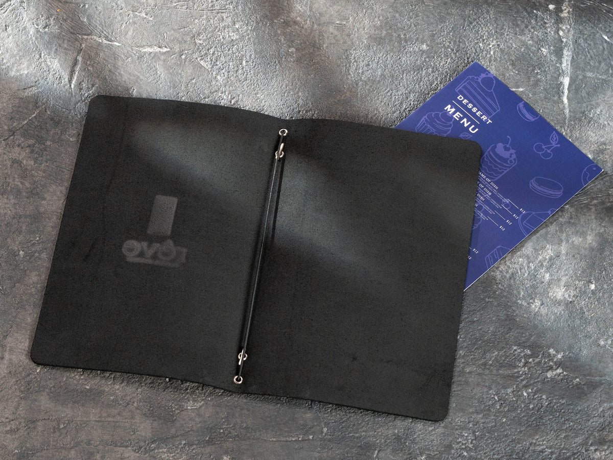 Black leather menu folder sample with removable folded dessert menu pages