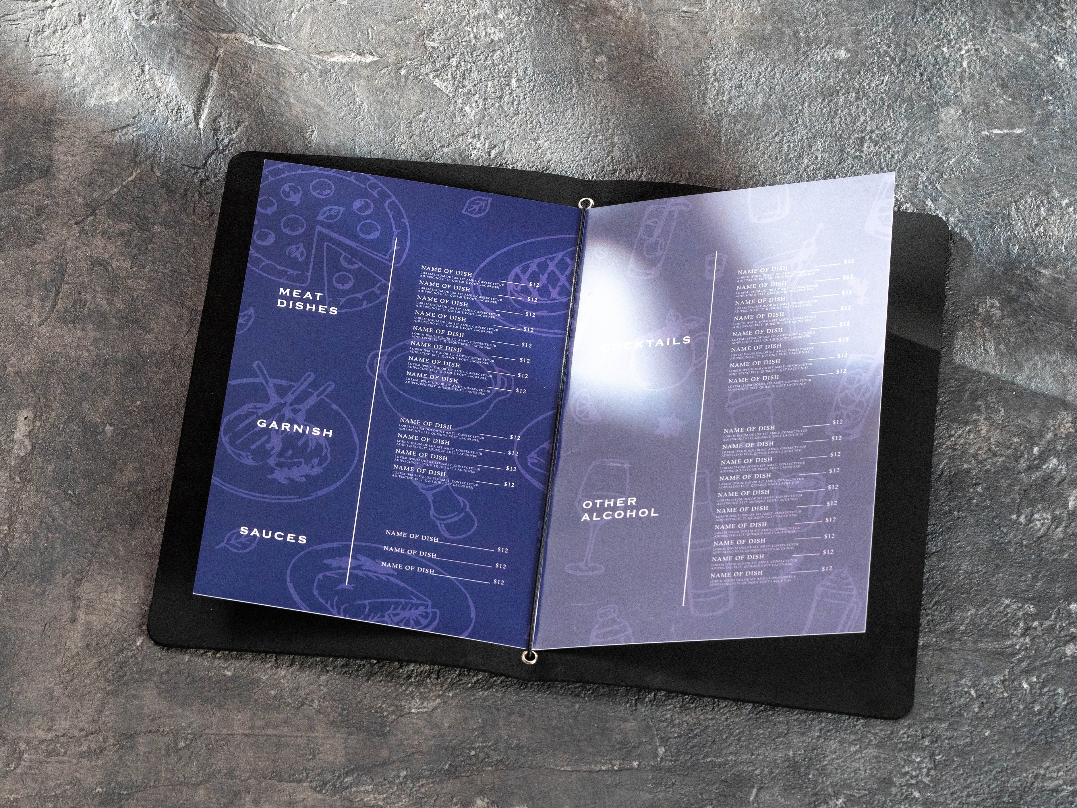 personalized leather menu cover holding replaceable food and cocktail menu pages