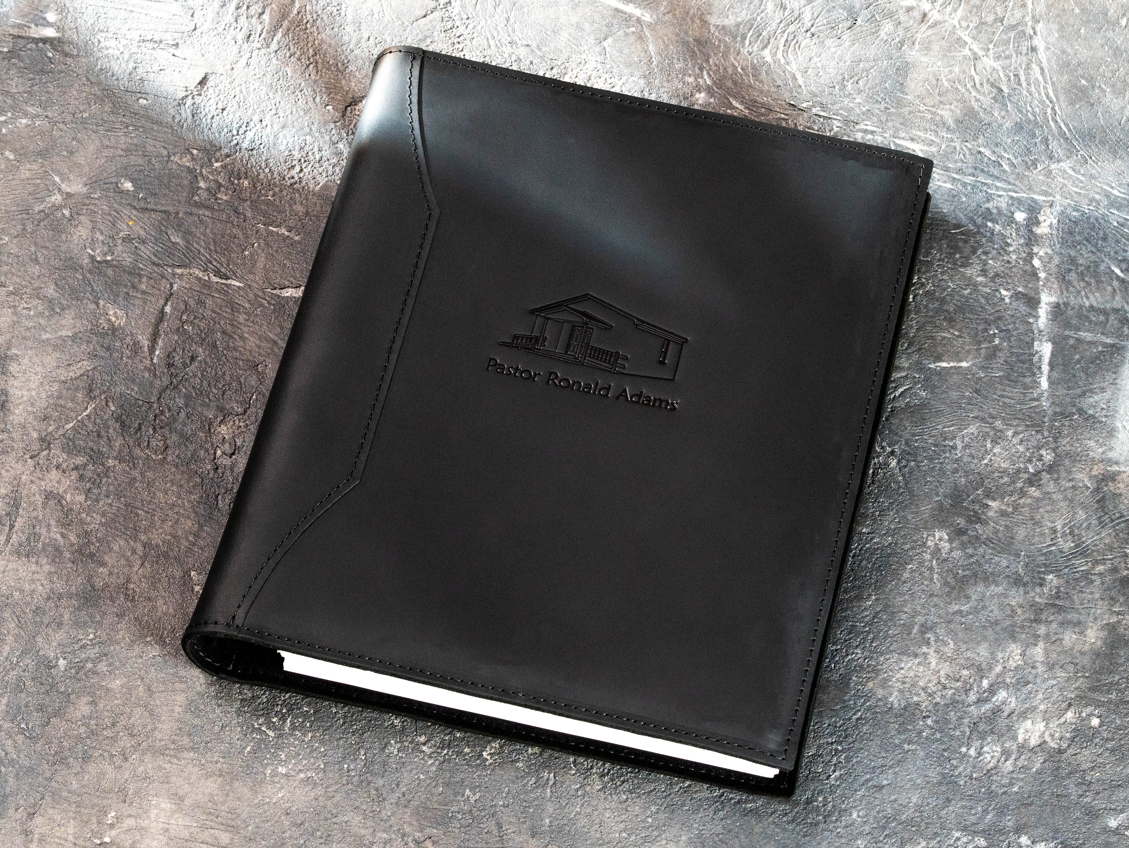 personalized black leather 3-ring binder with custom building illustration and Pastor Ronald Adams name