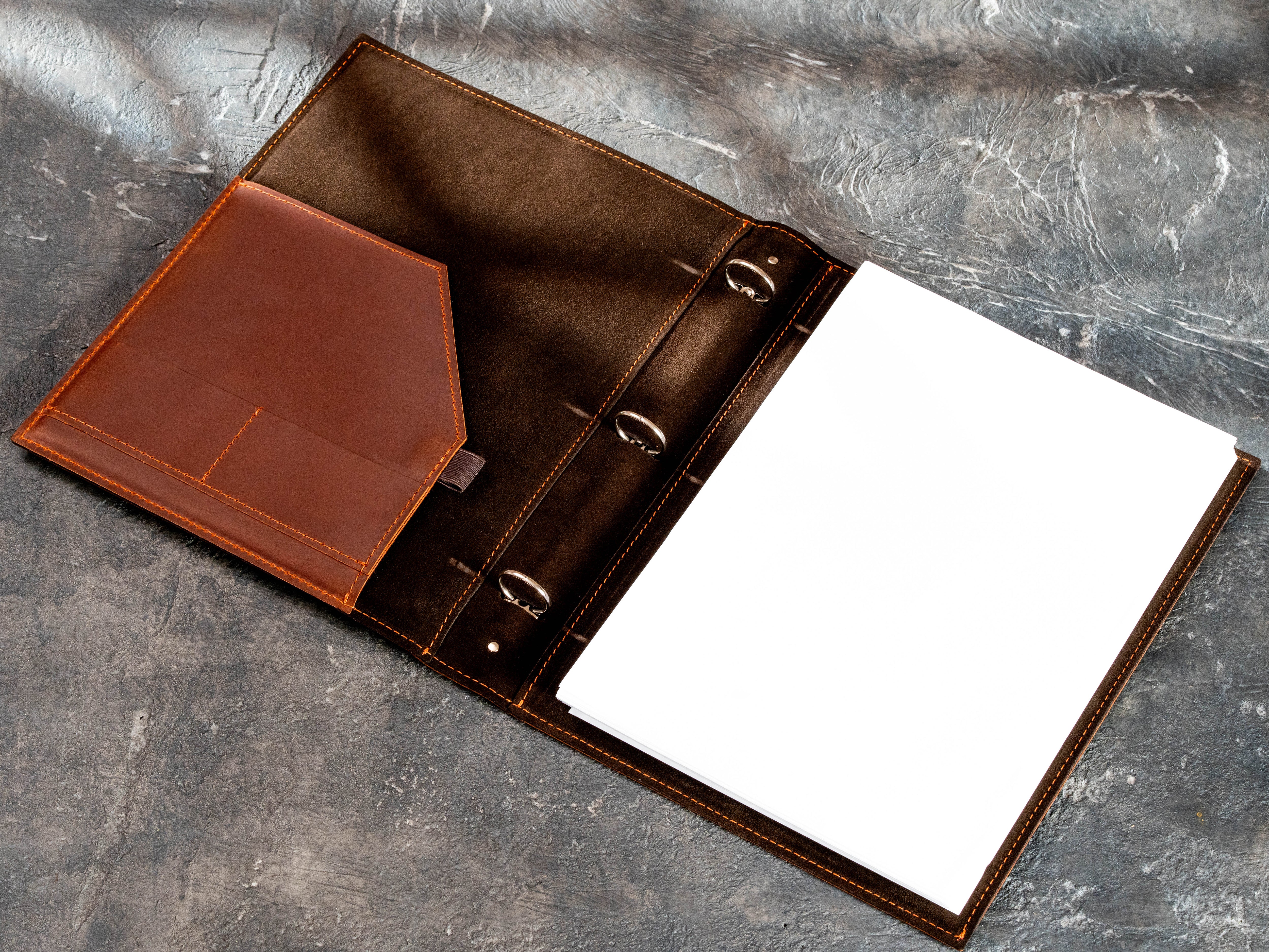Open Copper leather corporate binder with custom interior document pocket, suede lining, and 25 mm rings