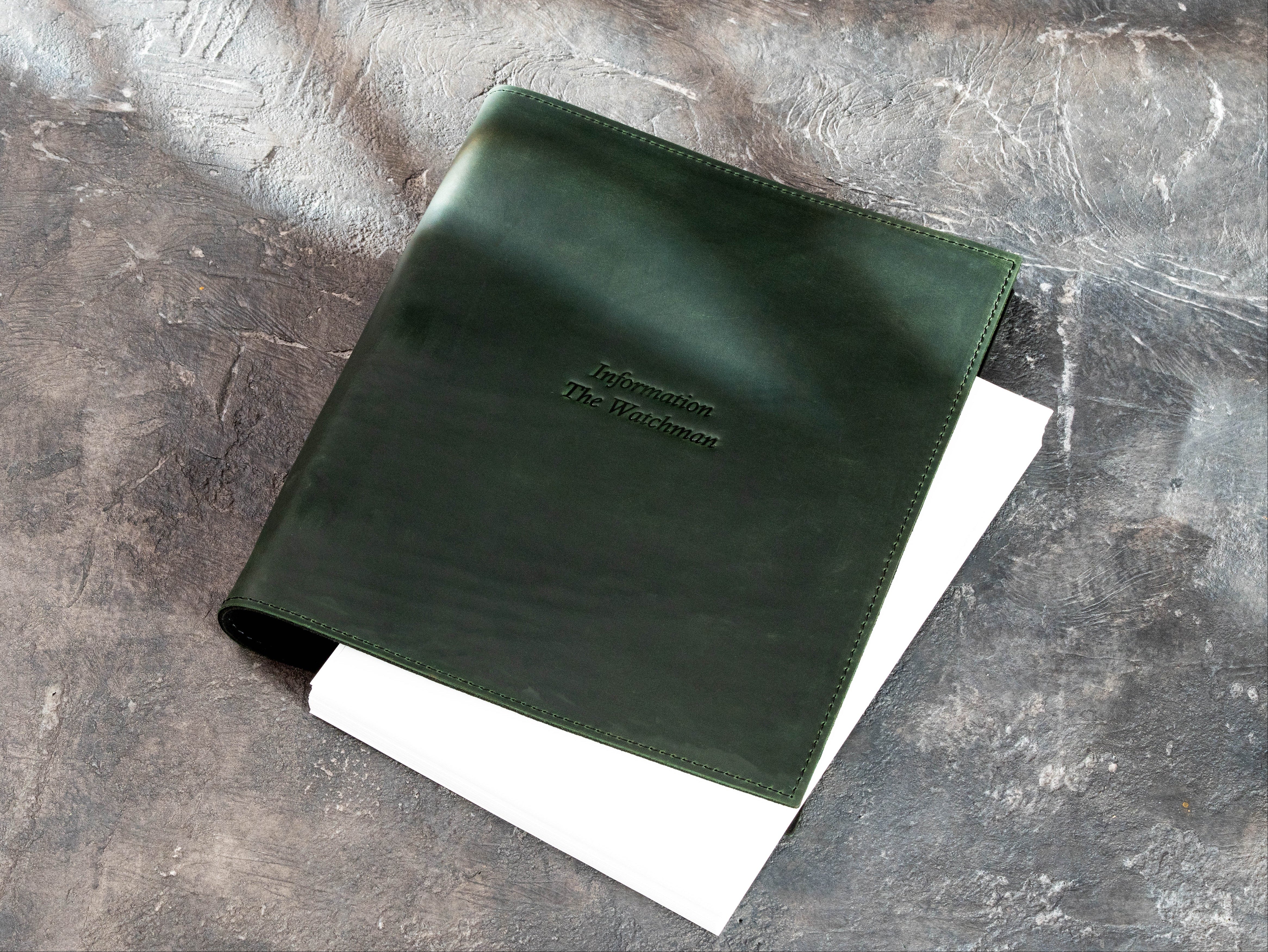 Large green leather binder for A4 or Letter documents