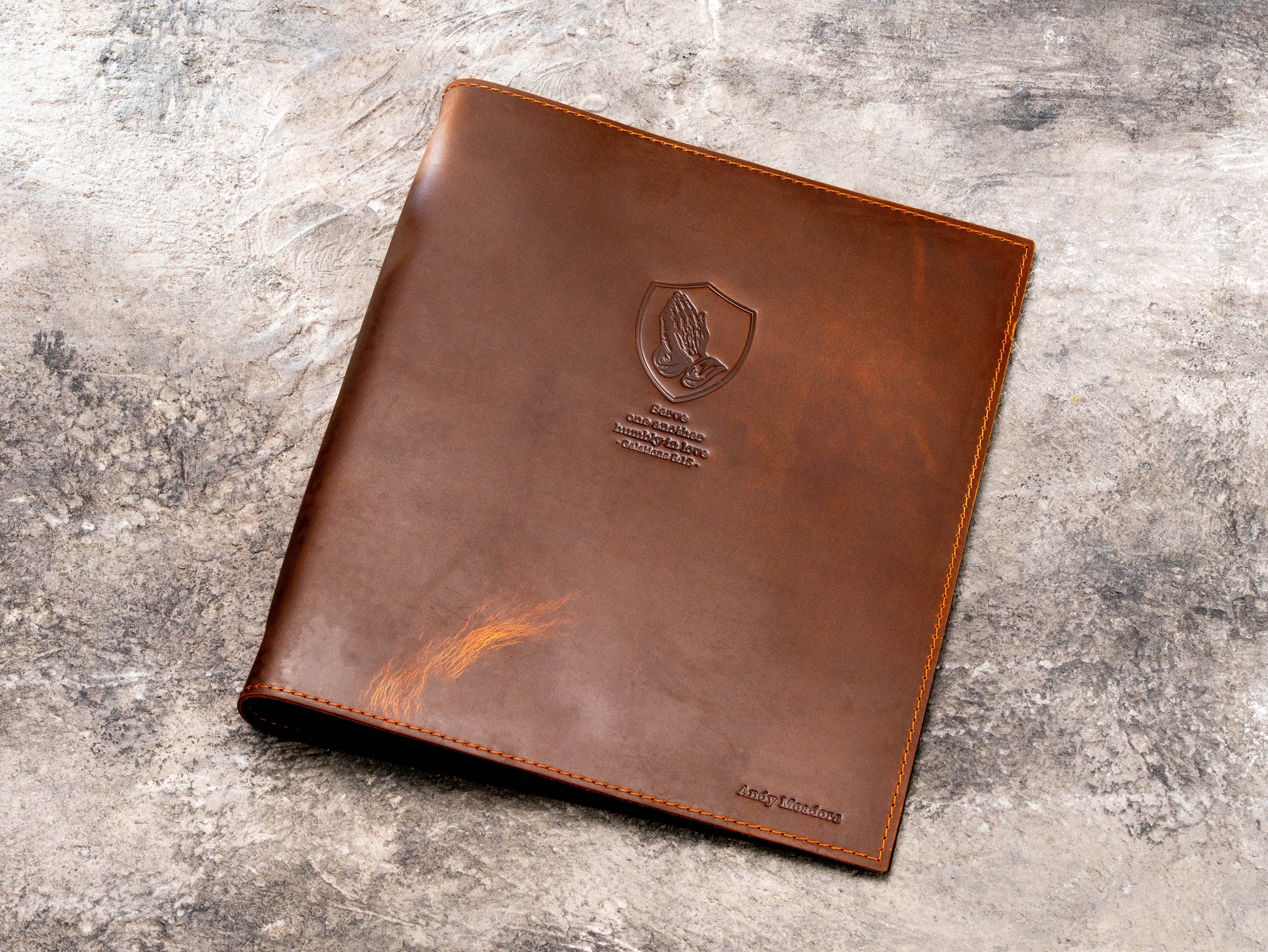 Personalized brown leather pastor portfolio with praying hands embossing, Scripture design and custom name