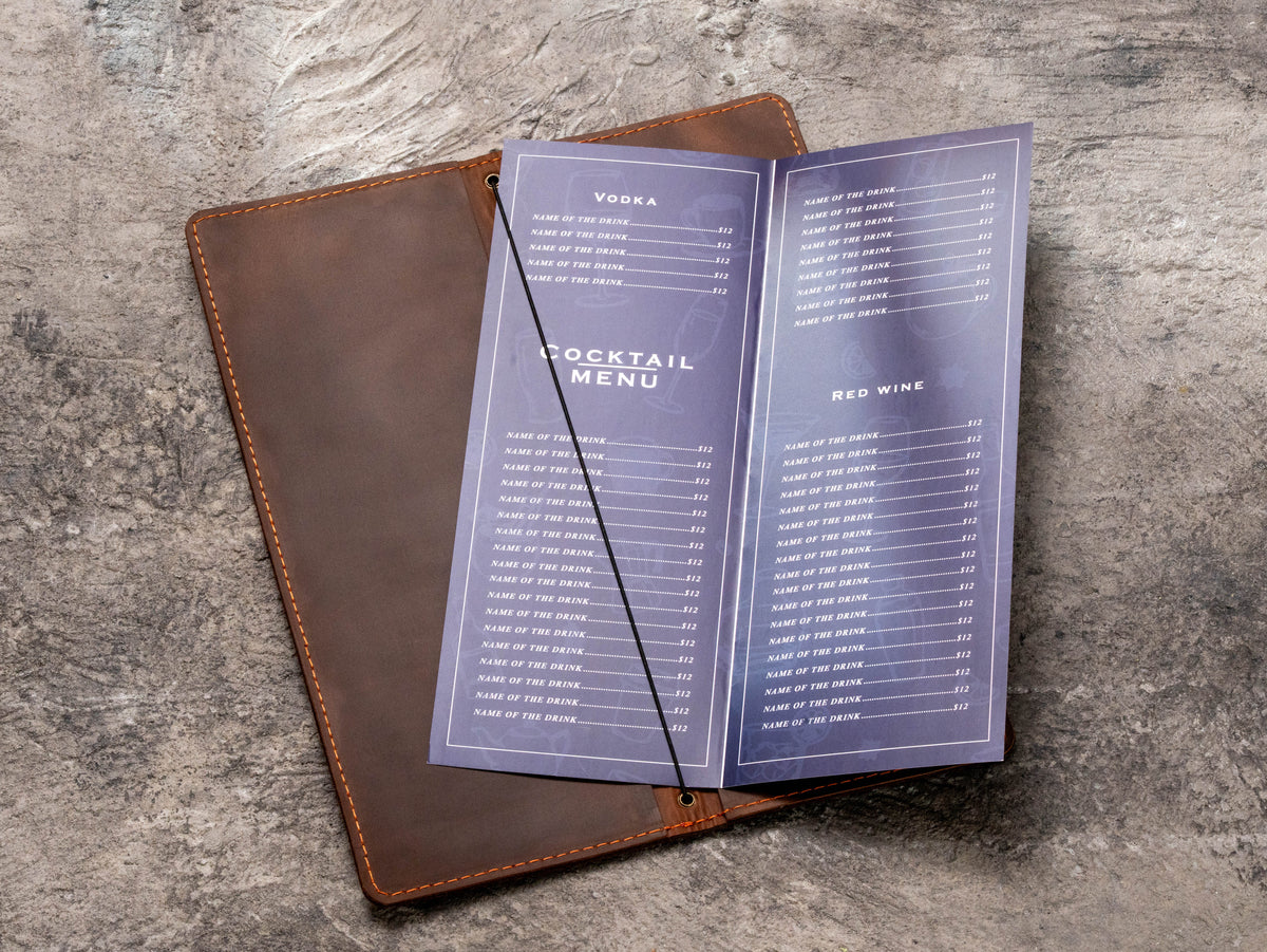Personalized leather cocktail menu cover with elastic binding for wedding reception or home bar