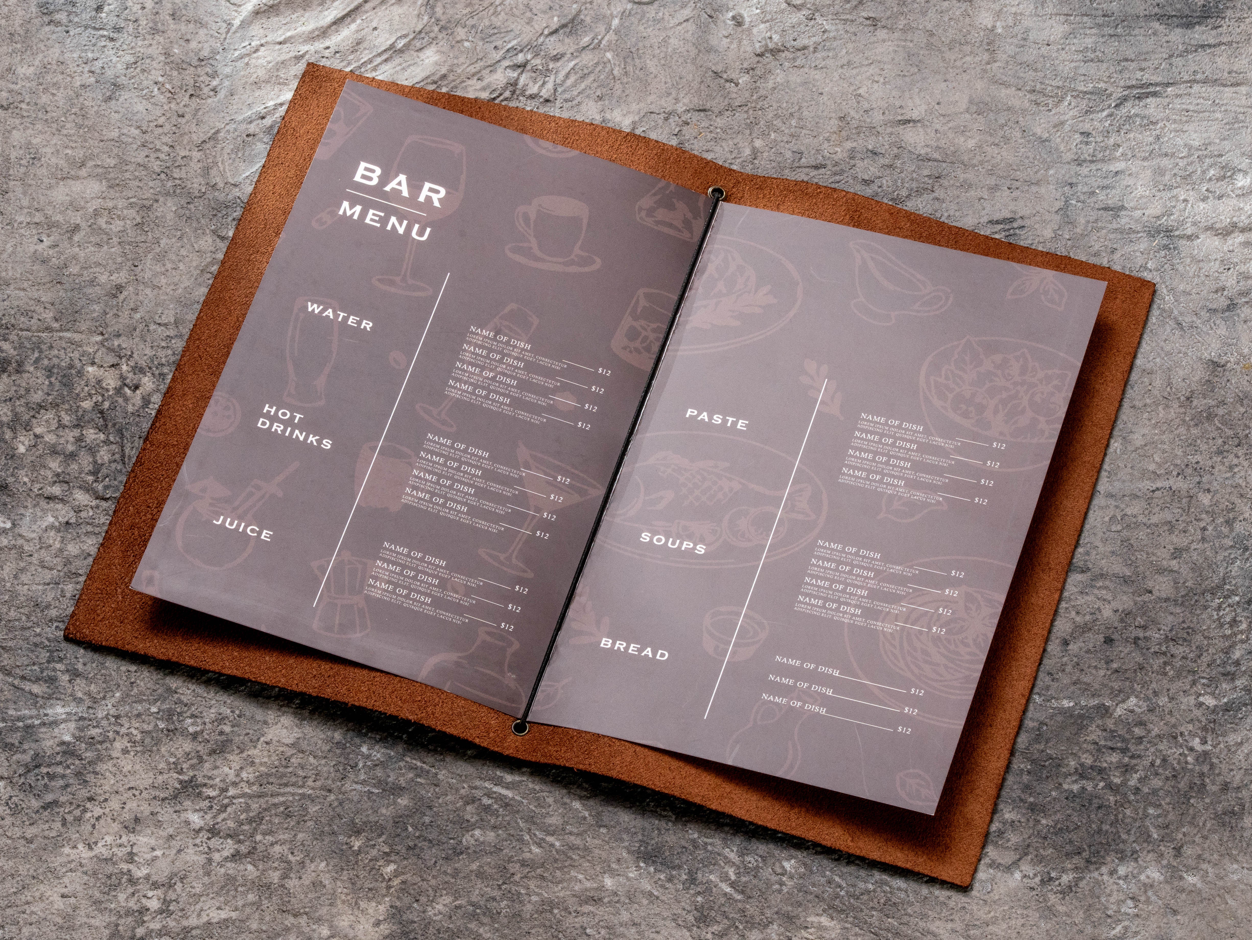 Open custom leather service menu folder with elastic binding for folded 8.5 x 11 paper