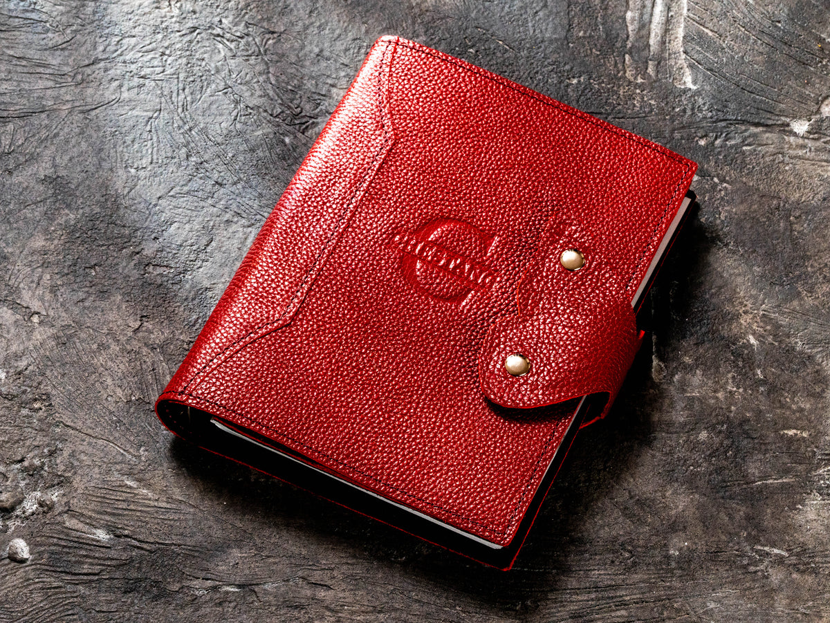 Custom red Floater leather A5 corporate planner with butterfly magnetic clasp and embossed company logo