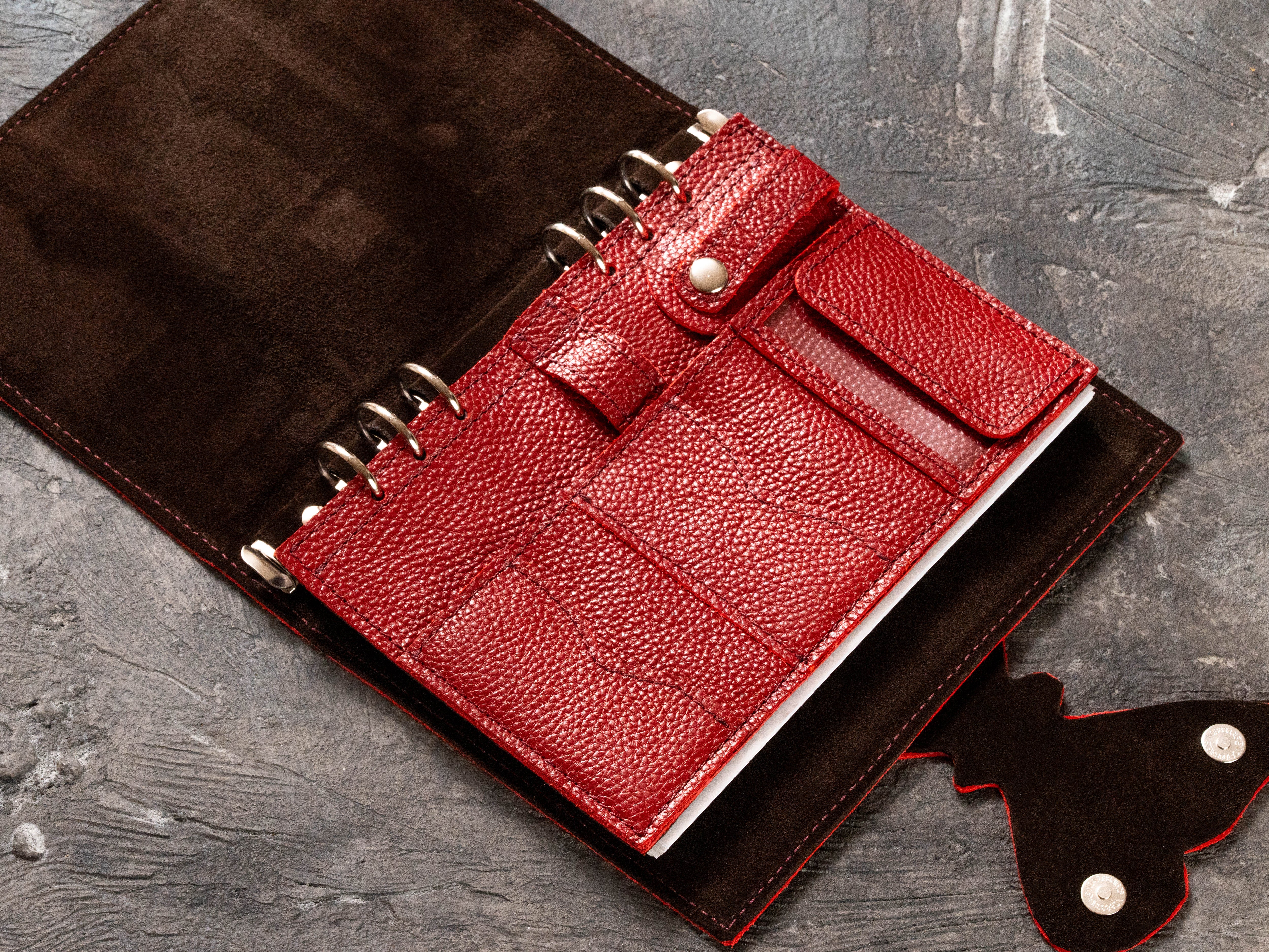 Open A5 corporate leather ring binder with removable card USB and pen organizer insert