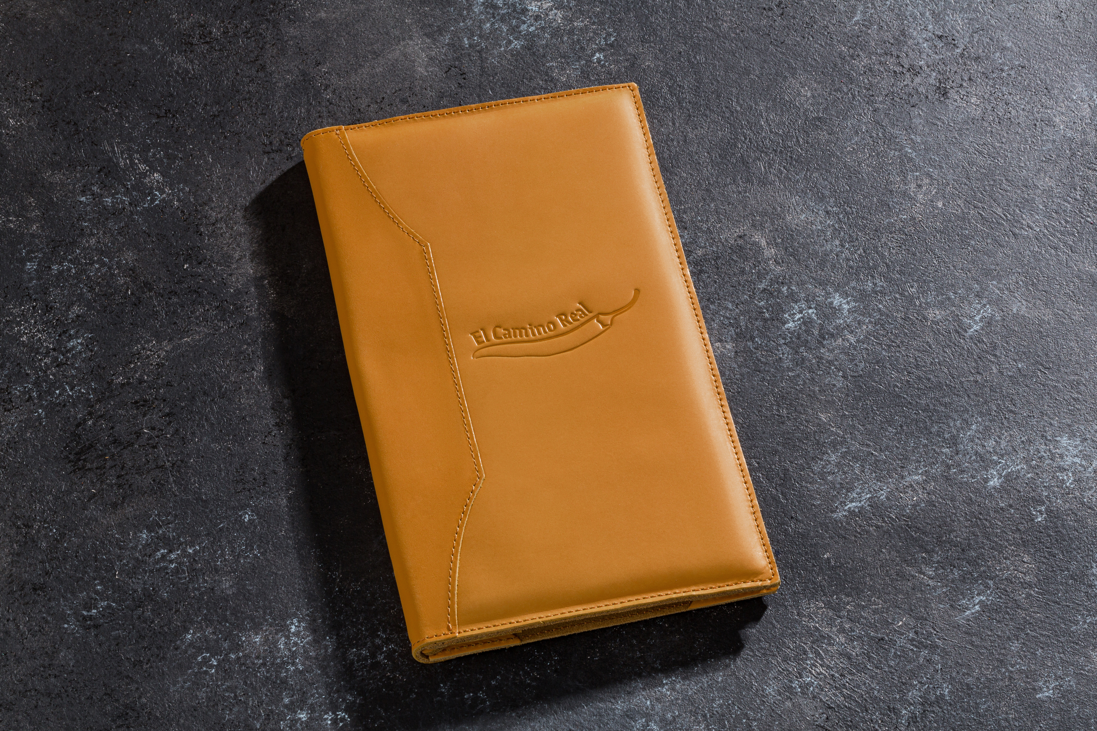 Personalized Camel Leather Guest Info Folder and Room Directory Cover with 4 Corner Page Holders