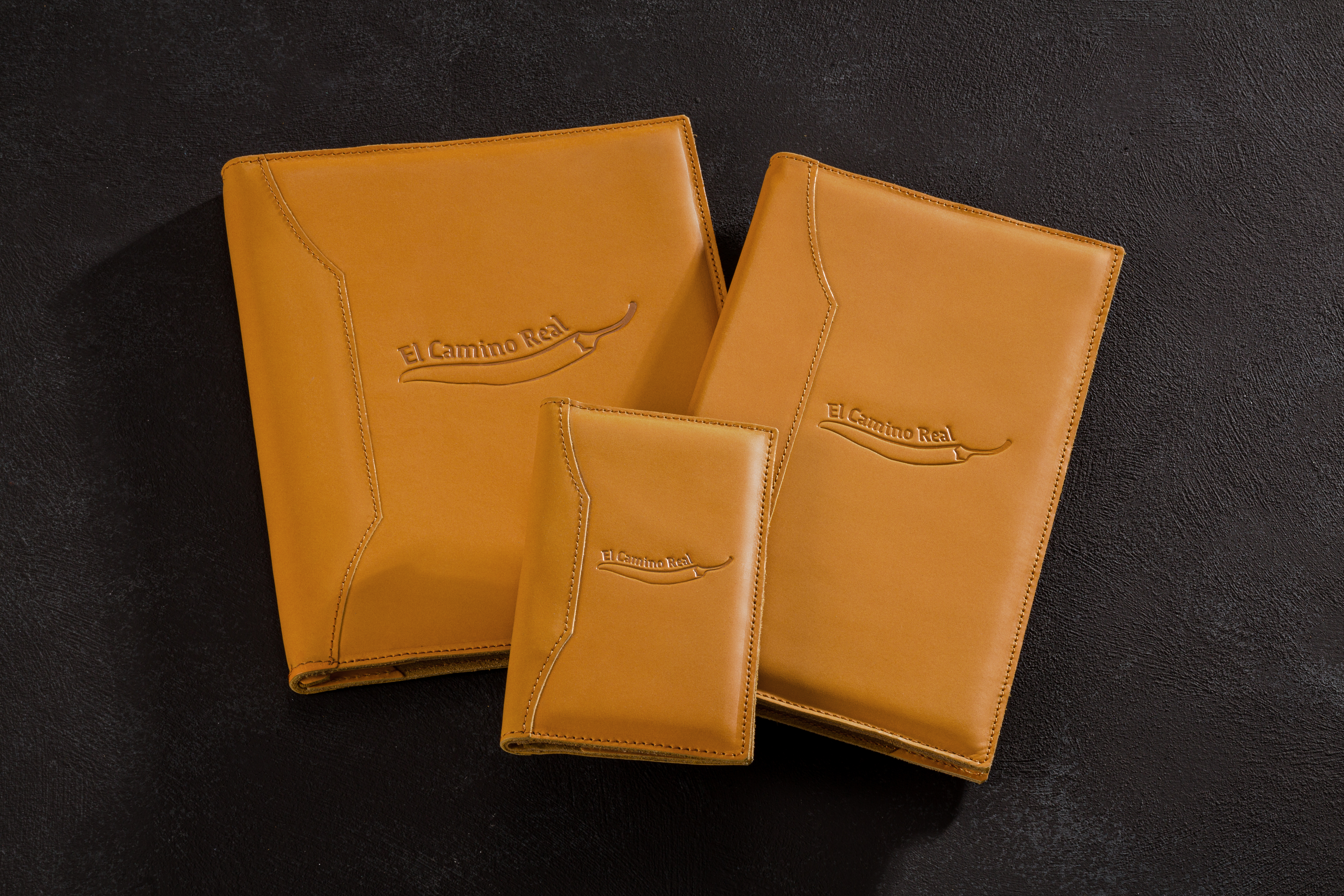 Personalized Camel Leather Guest Info Folder and Room Directory Cover with 4 Corner Page Holders