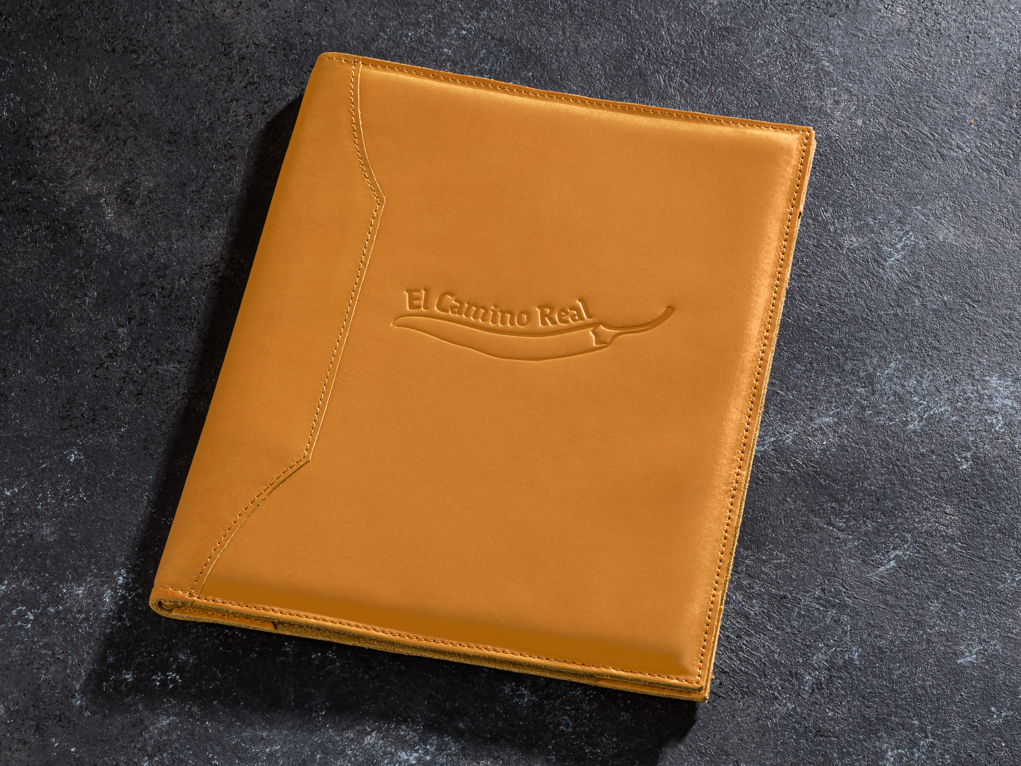 Personalized Camel Leather Guest Info Folder and Room Directory Cover with 4 Corner Page Holders