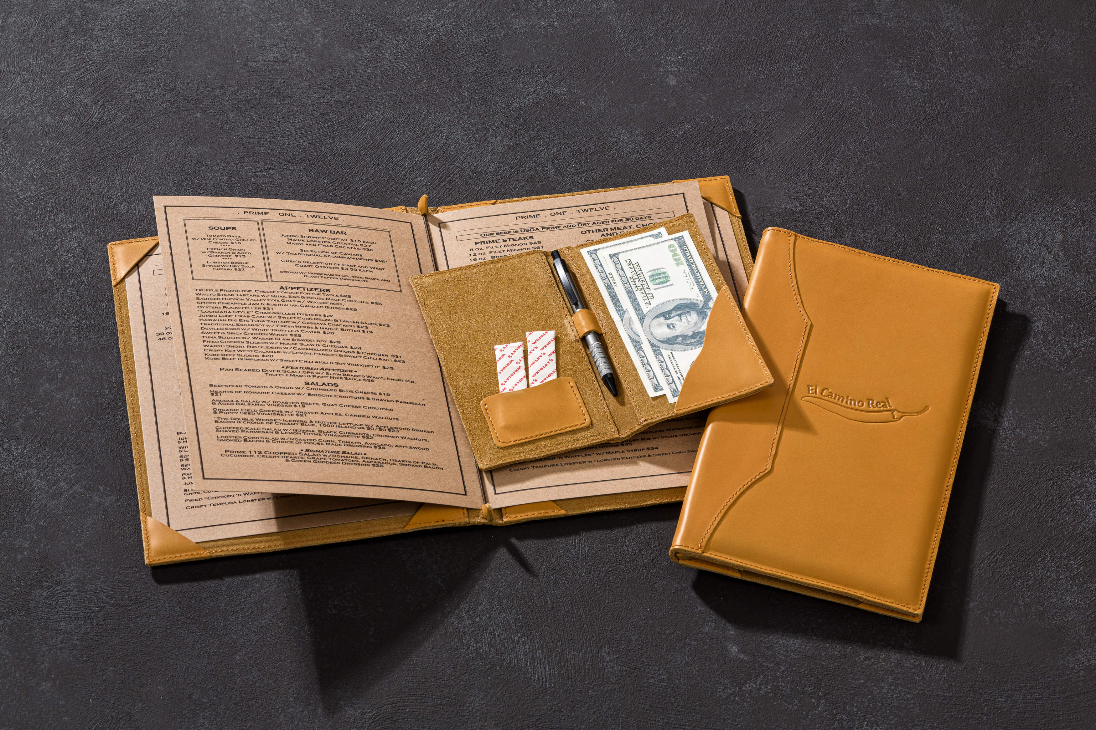 Personalized Camel Leather Guest Info Folder and Room Directory Cover with 4 Corner Page Holders