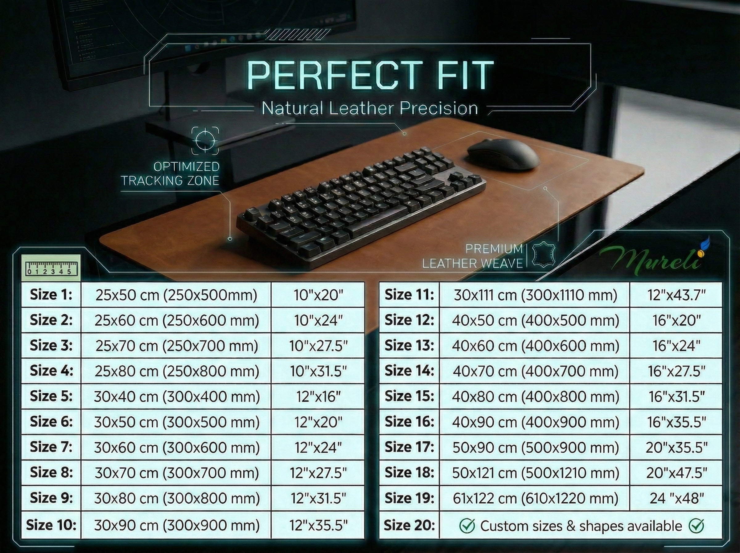 Wooden desk mat with keyboard and mouse on a desk, featuring size chart and Nureli branding.