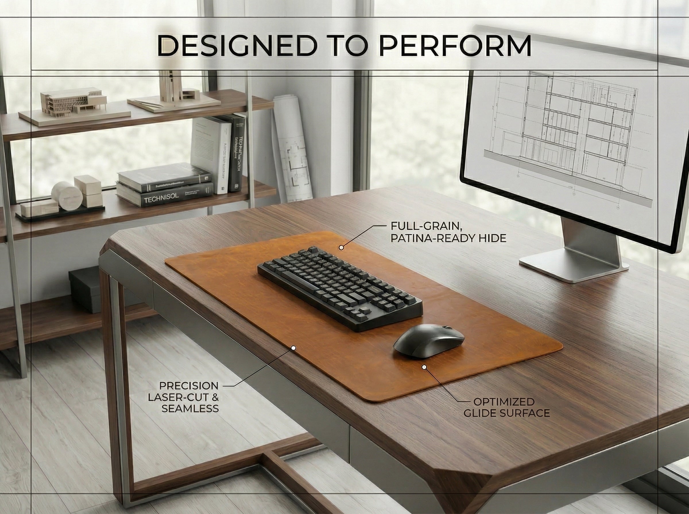 Wooden desk with computer setup, labeled features, in a modern office setting.