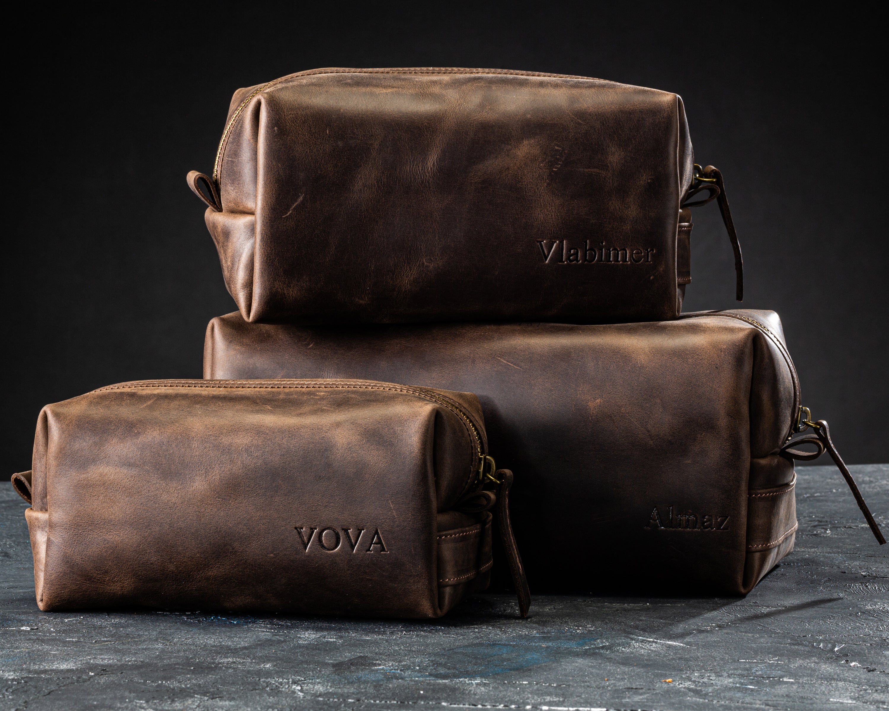 Dark brown leather toiletry bags with personalization – Vova, Vlabimer, Almaz