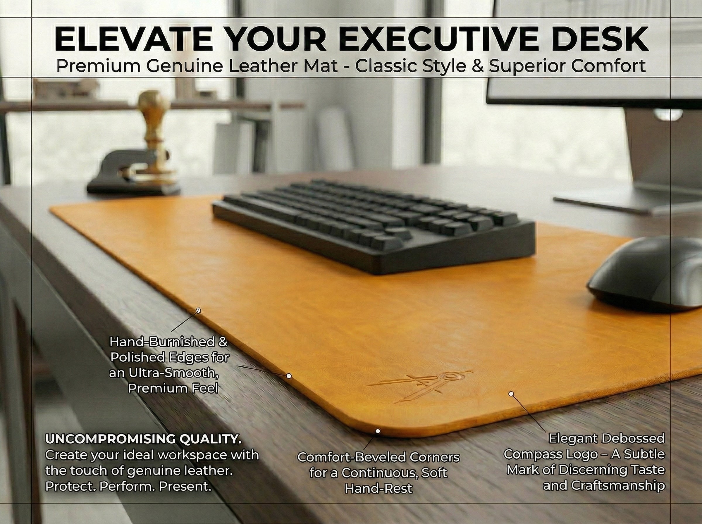 Leather desk mat on a desk with text about its features and benefits.