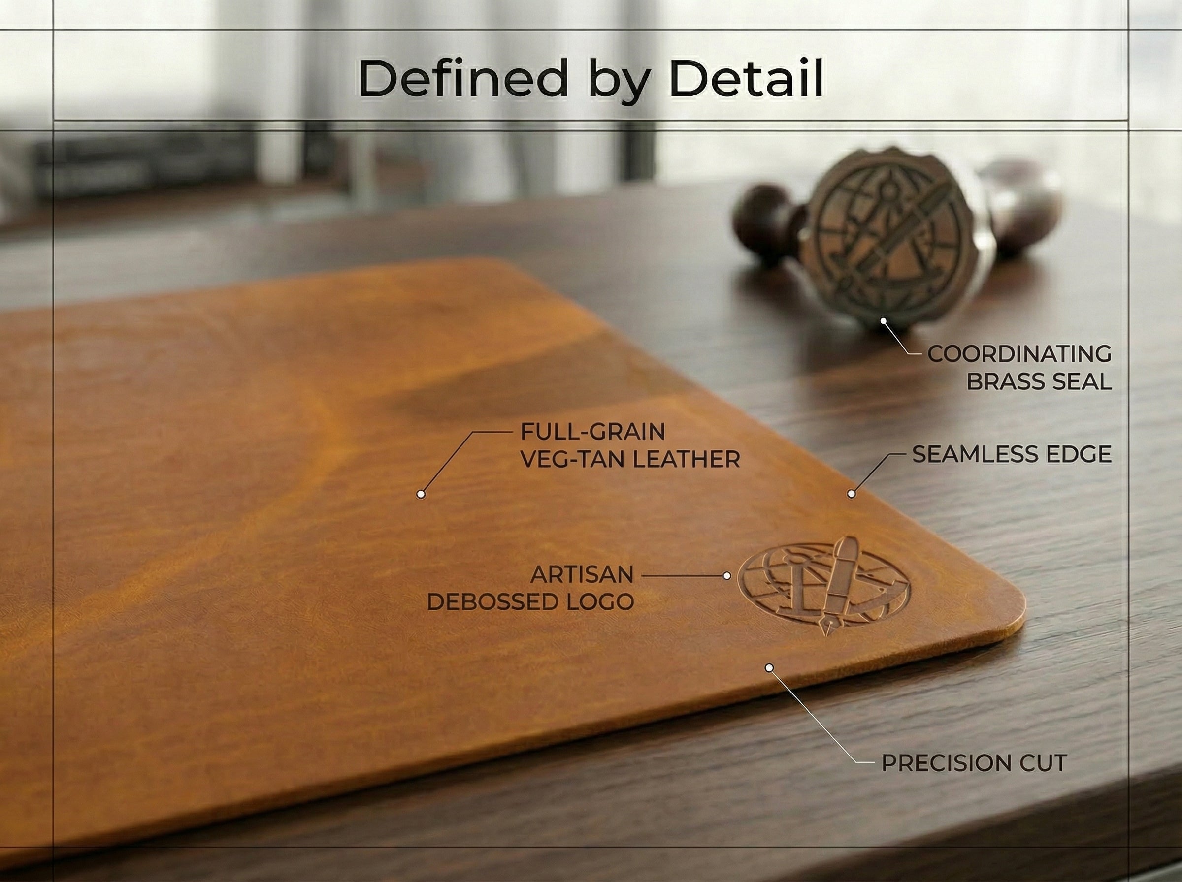 Brown leather product with text highlighting features on a wooden surface