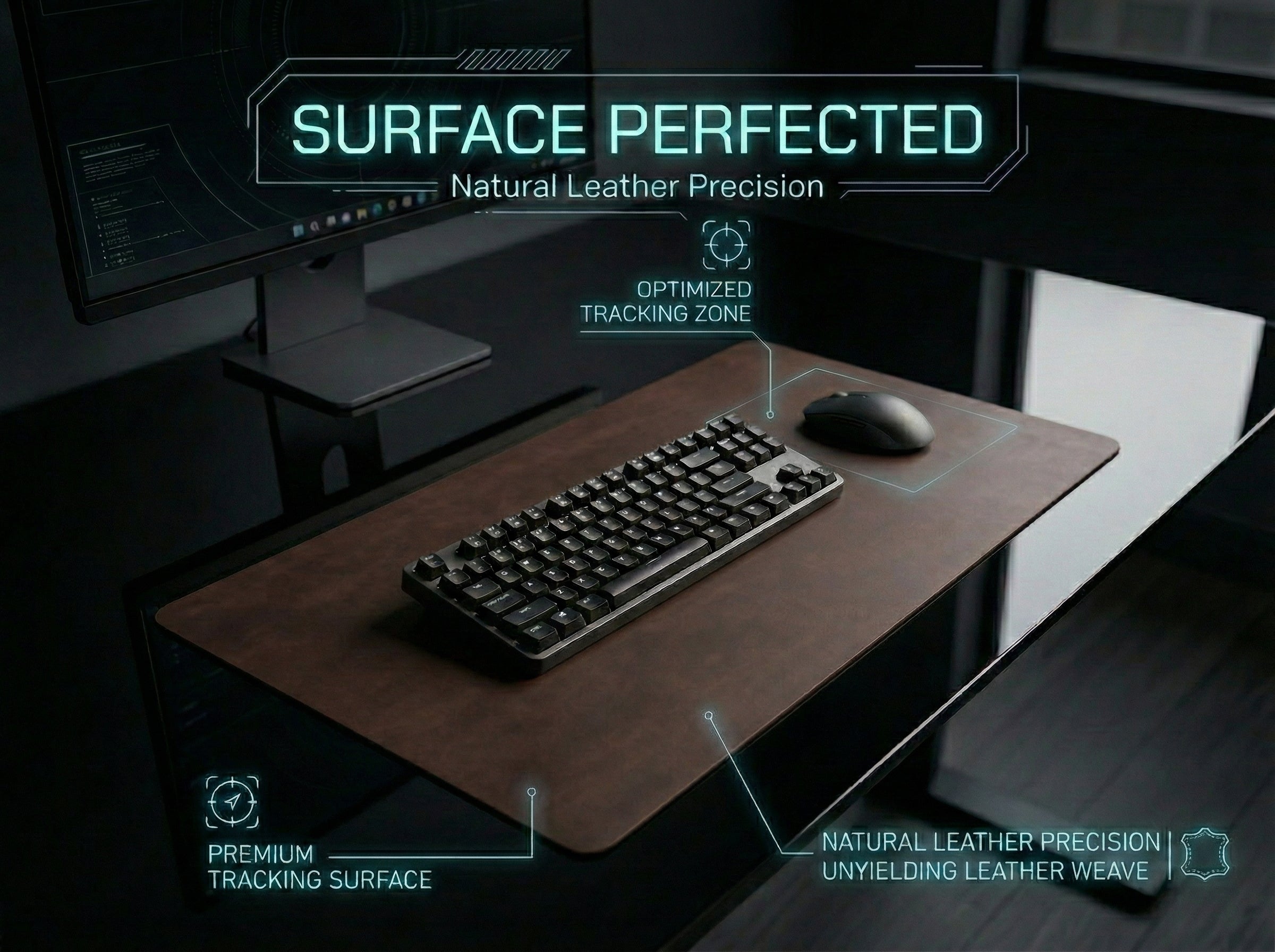 Glass desk with keyboard and mouse, featuring text about surface perfection and leather precision.