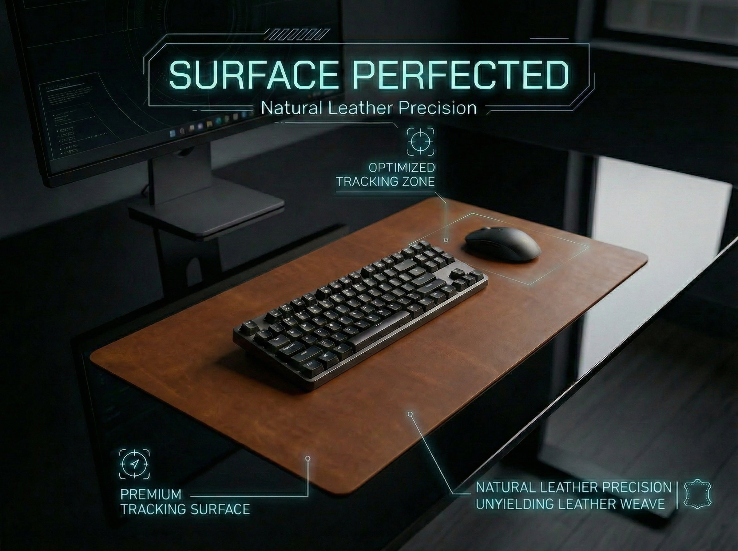 Wooden desk with keyboard and mouse, featuring text about surface perfection and leather precision.