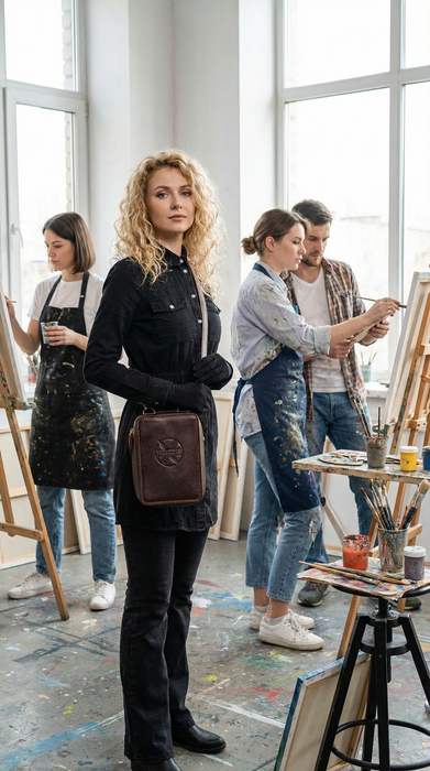 Handmade Leather Art Bag with Brush Holders | Personalized Artist Gift | Travel Sketchbook Organizer for Drawing Supplies