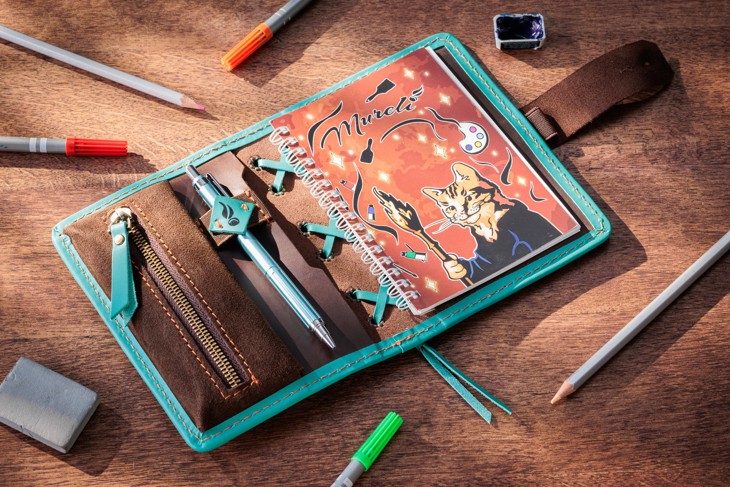 Green Personalized Leather Mini Sketchbook Set — A6 Landscape — Mini Pocket-Size