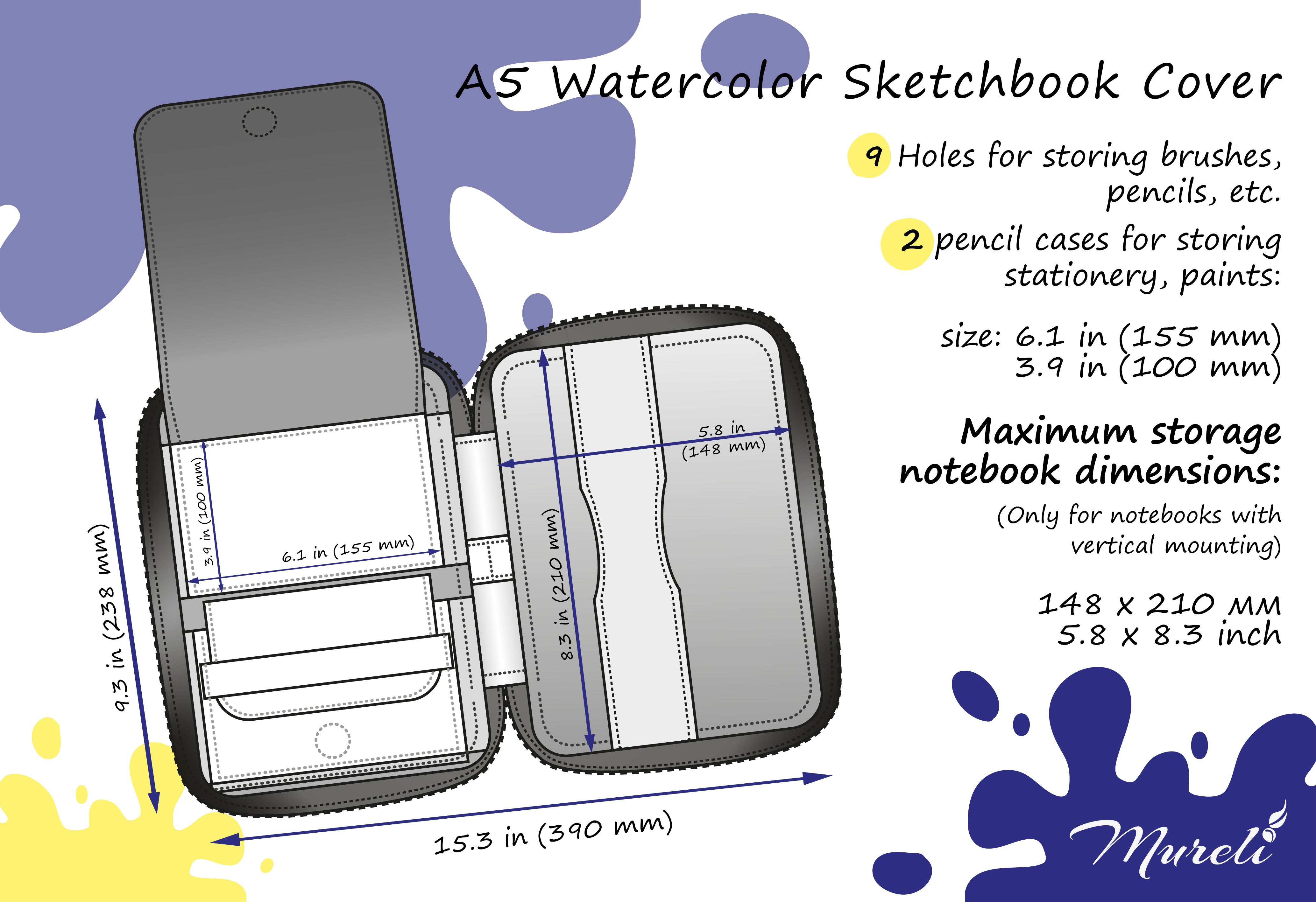 A5 leather artist organizer size guide with sketchbook holder, pencil loops and storage compartments