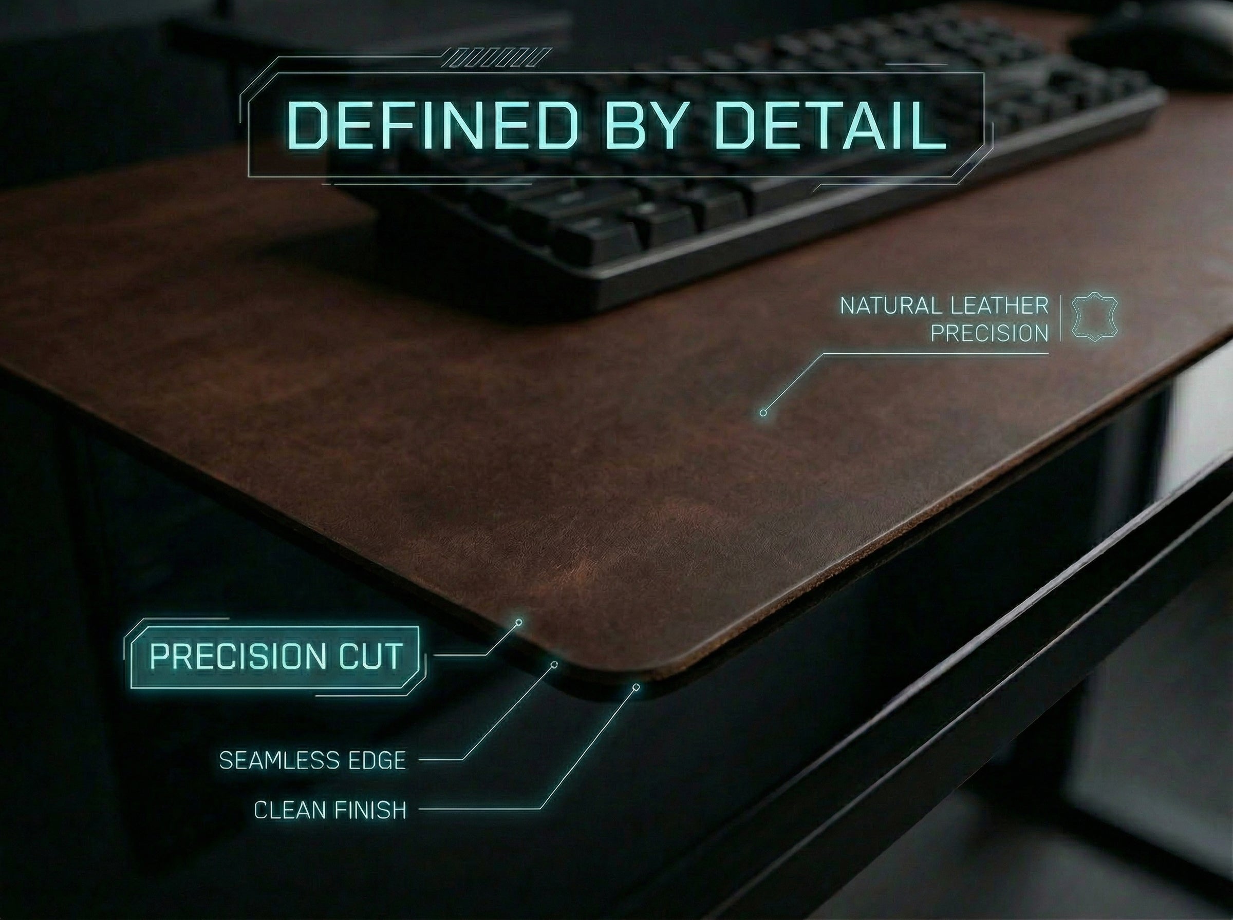 Brown leather desk pad with text highlighting features, placed on a desk with a keyboard.